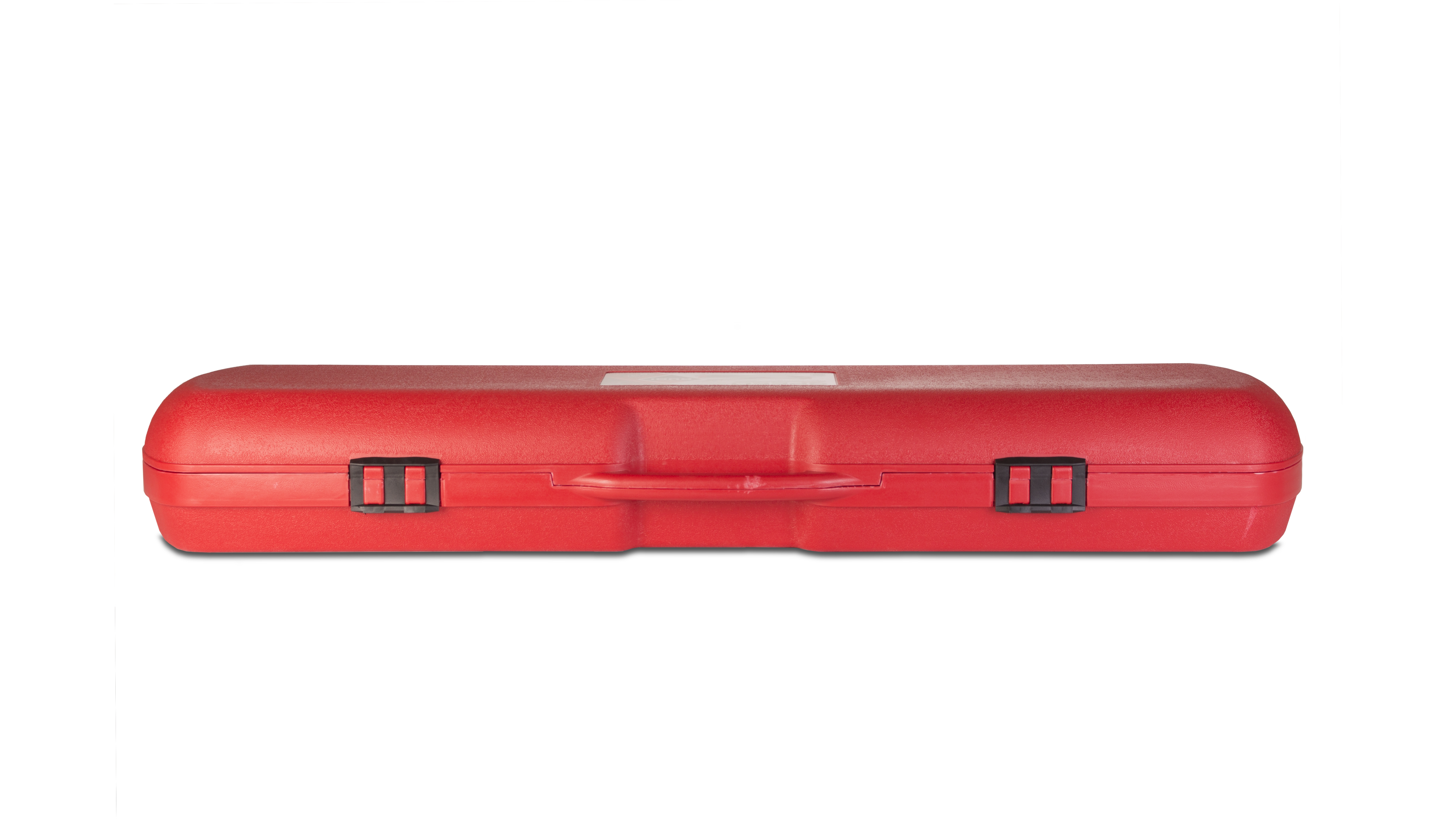 Maleta de transporte roja sobre fondo blanco. La maleta es rectangular con asa y dos cierres negros.