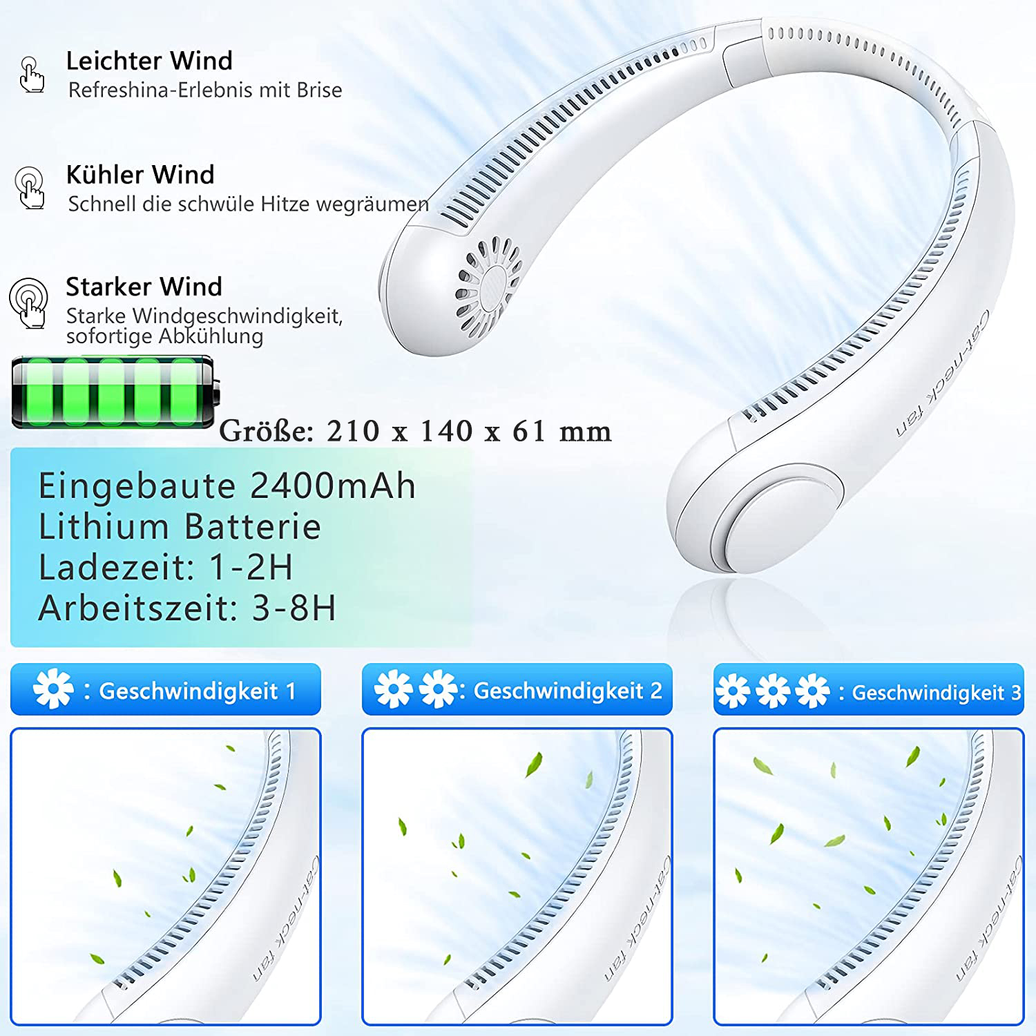 Weißer Nackenfächer mit detaillierten Informationen. Er zeigt Größe, Akkulaufzeit und Windgeschwindigkeiten.