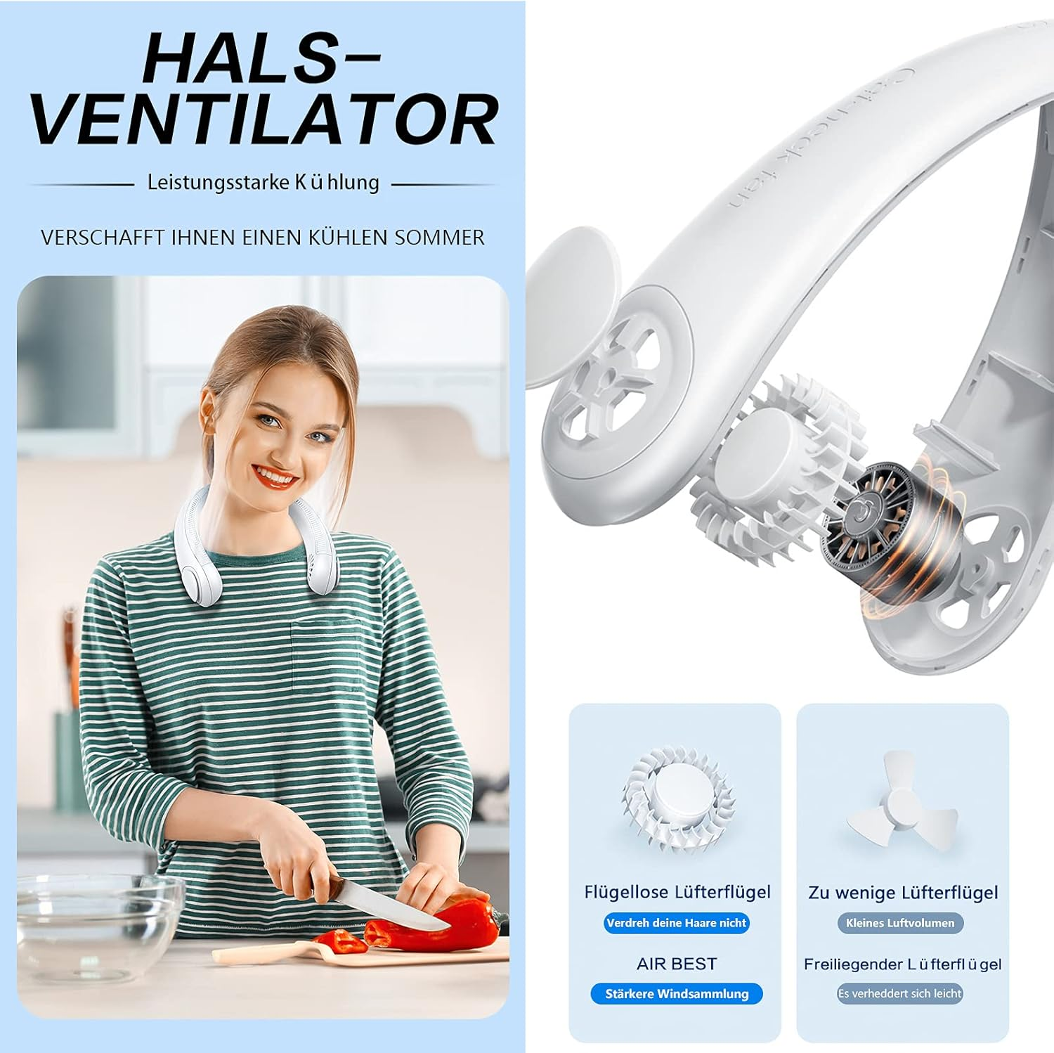 Eine Frau benutzt einen Nackenventilator beim Gemüseschneiden. Der Ventilator ist weiß, der Hintergrund eine Küche.