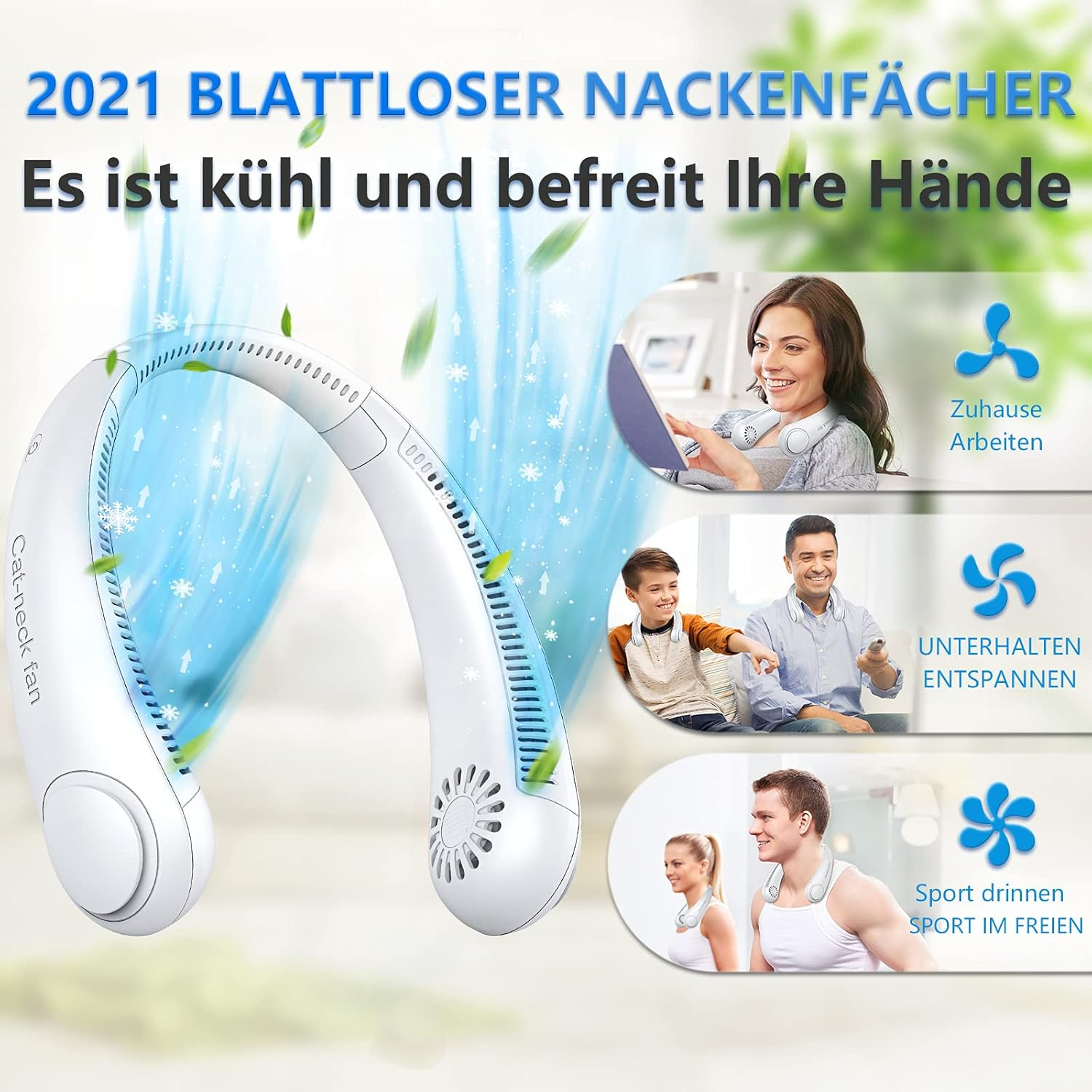 Ein Nackenfächer mit drei Bildern, die Menschen bei der Nutzung in verschiedenen Umgebungen zeigen, mit Text auf Deutsch.