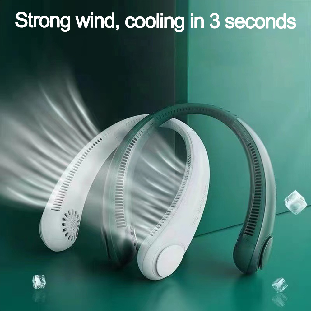 Ein weißer und grauer Nackenventilator mit Luftströmungen auf grünem Hintergrund.