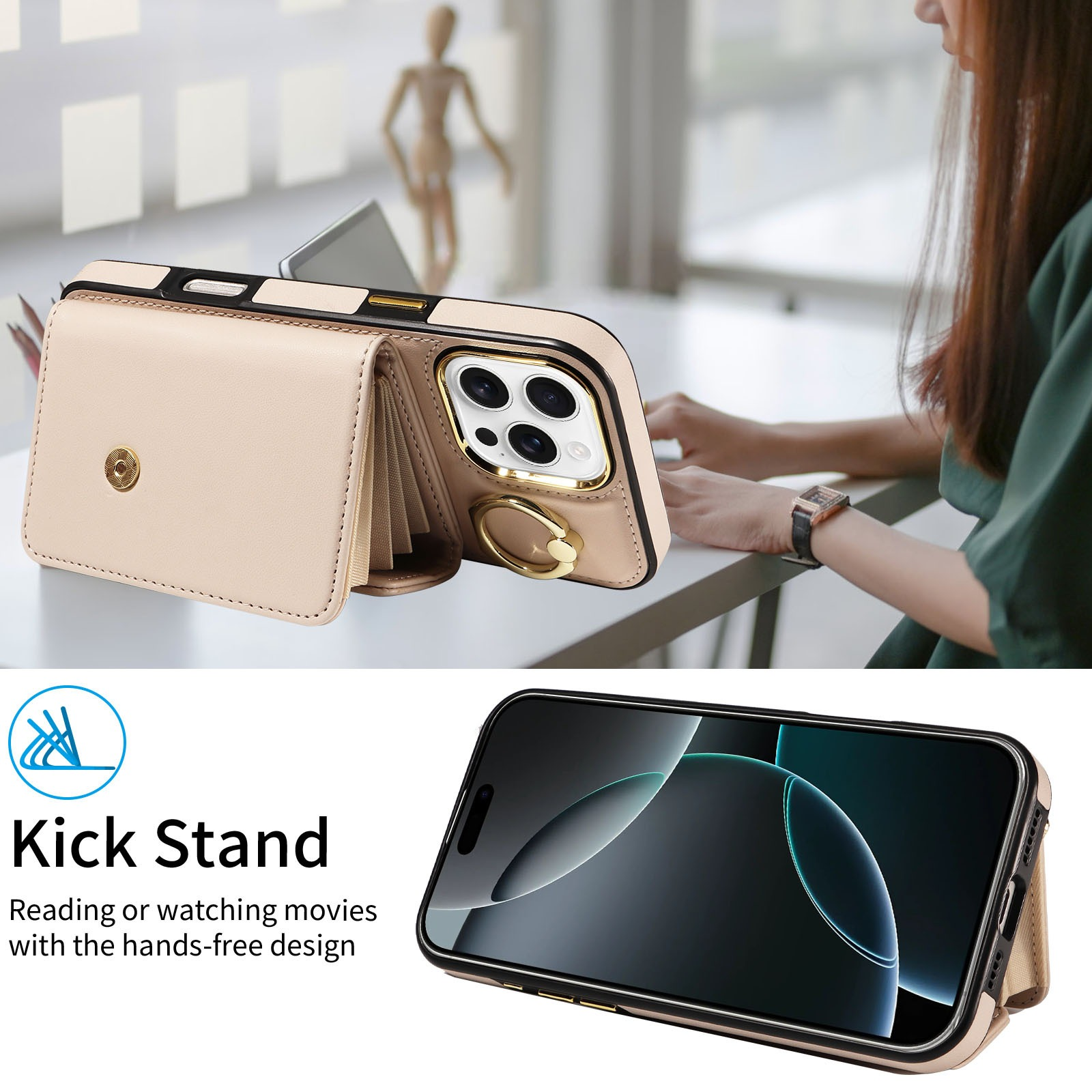 Beiges Handycase mit Geldbörsenfunktion und Telefon. Text: Kick Stand.