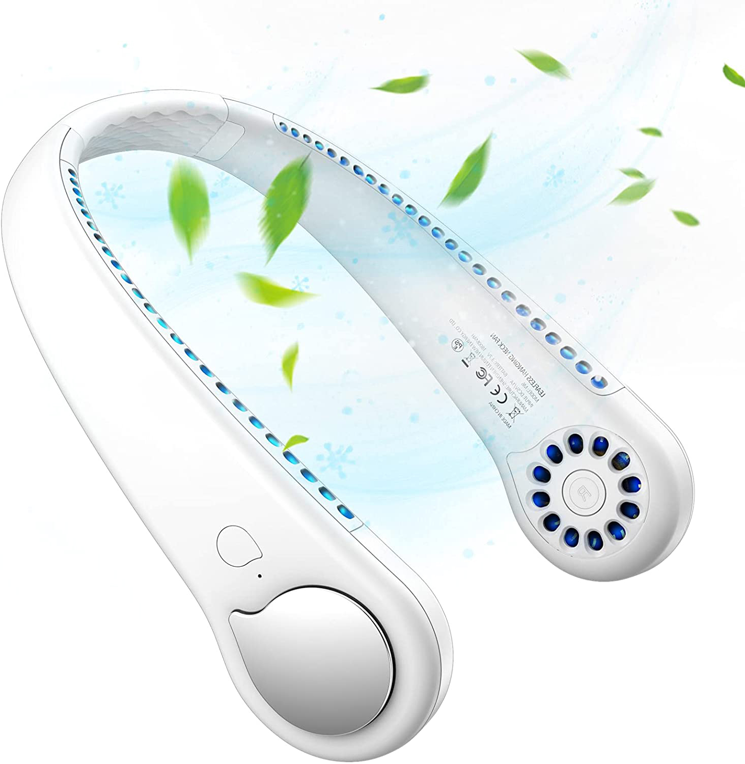 Weißer Nackenventilator mit Lüftungsschlitzen und einem Bedienknopf, mit grünen Blättern.