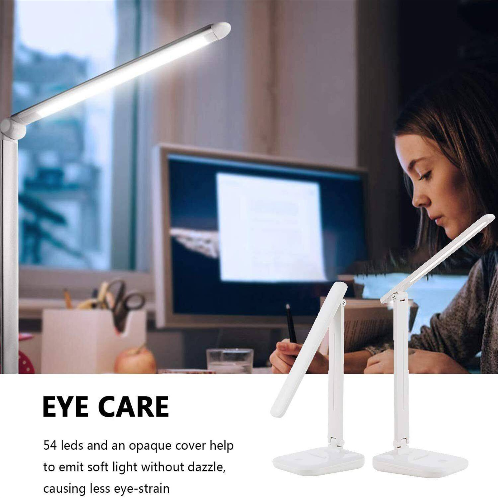 Zwei Schreibtischlampen, eine beleuchtet, vor einer Frau, die an einem Computer arbeitet.