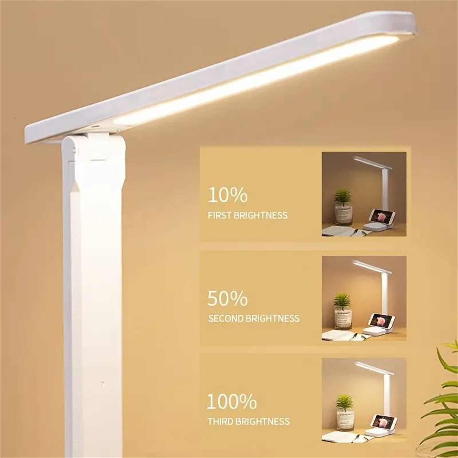 Weiße Schreibtischlampe mit einstellbaren Helligkeitsstufen. Anzeigen der Lichteinstellungen.