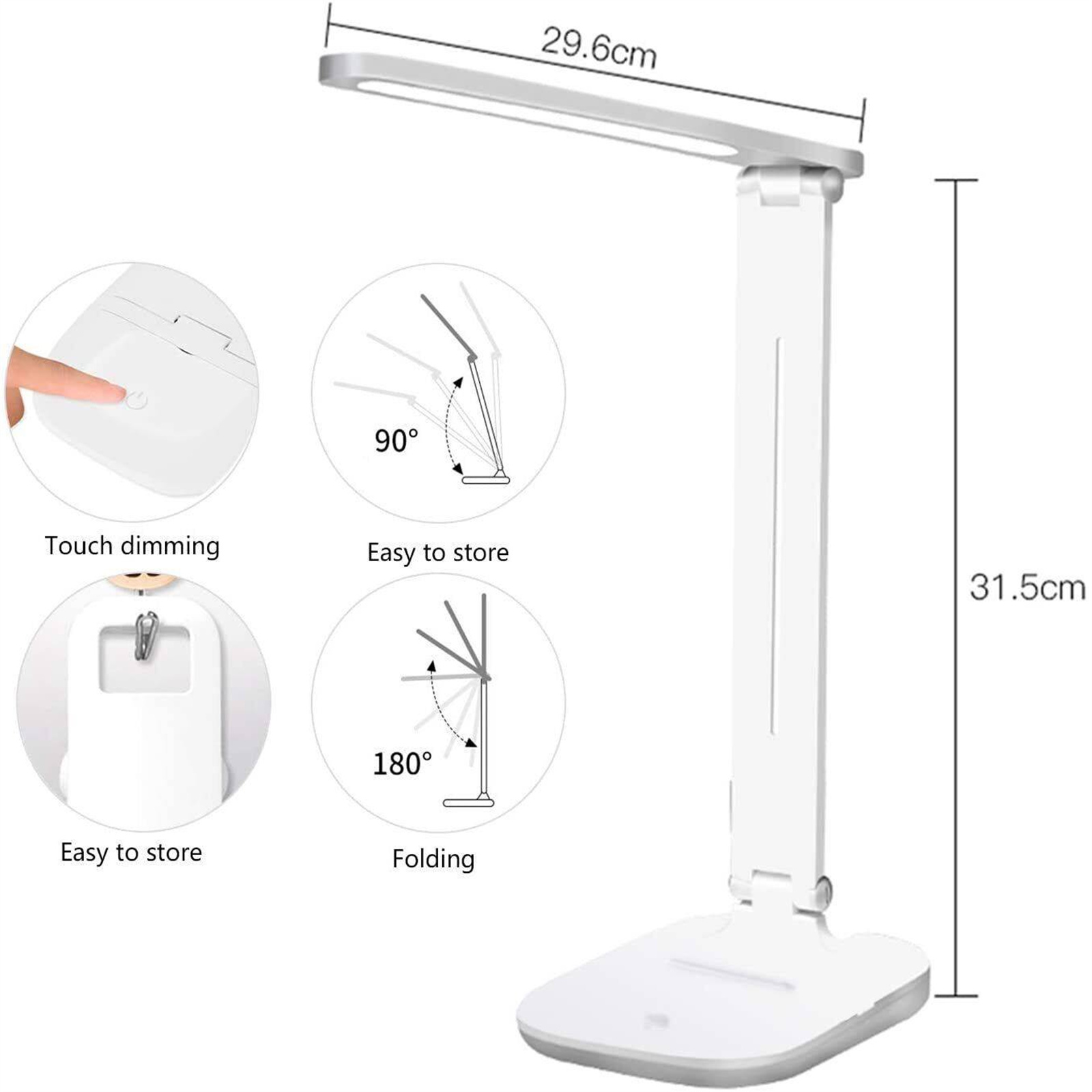 Eine weiße Schreibtischlampe mit Touch-Dimmung und Klappanpassungen, Diagramme zeigen 90- und 180-Grad-Winkel.