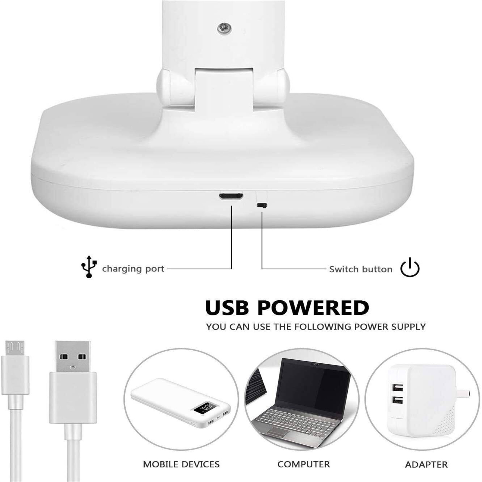 Weiße USB-betriebene Basis mit Ladeanschluss, Schalter und Beispielgeräten: Telefon, Laptop, Adapter.