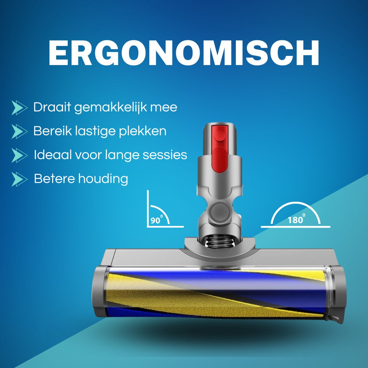 Ein Staubsaugerkopf mit Pfeilen, die seine Flexibilität zeigen. Er ist blau und grau mit gelben Akzenten.