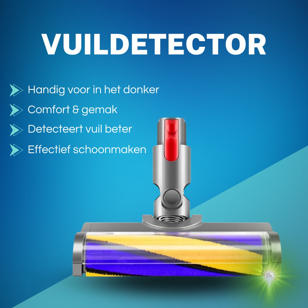 Staubsaugerkopf mit Text: 'Vuildetector'. Bürste mit gelben und lila Farben.