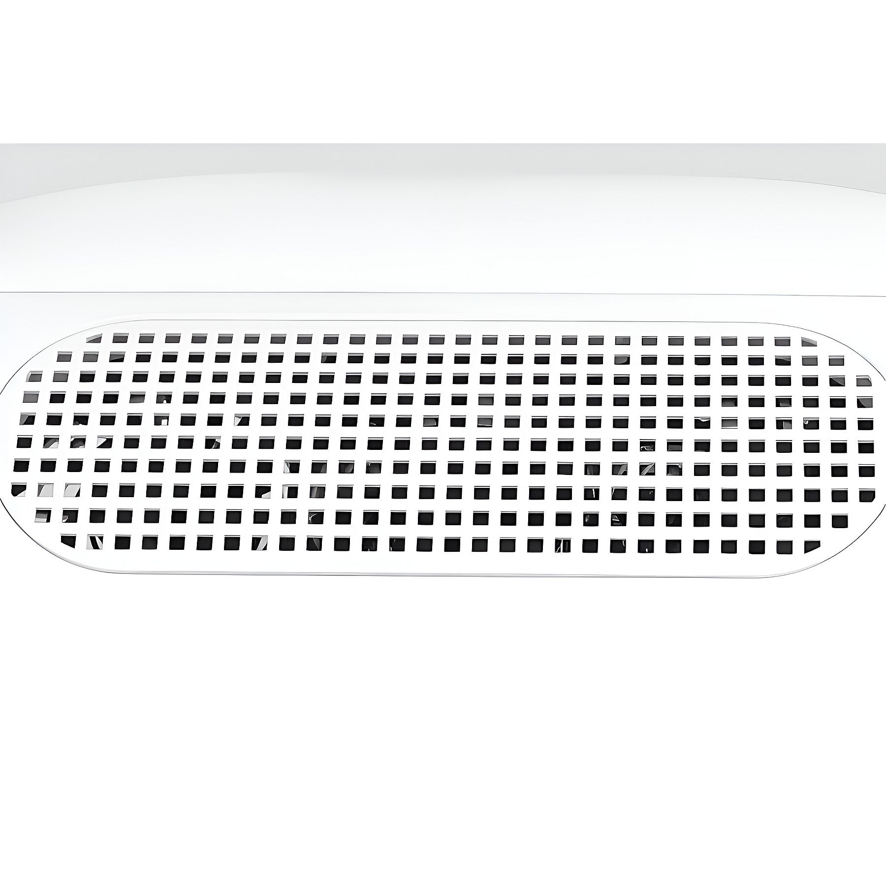 Weißer Luftauslass mit vielen kleinen schwarzen Quadraten. Oval geformter Auslass, sauberes Design, weißer Hintergrund.