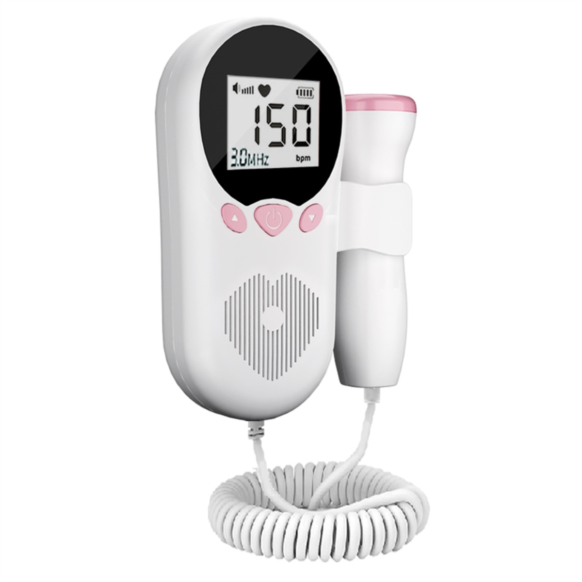 Weißer fetaler Doppler mit Bildschirm, der Zahlen und eine rosa Taste zeigt.