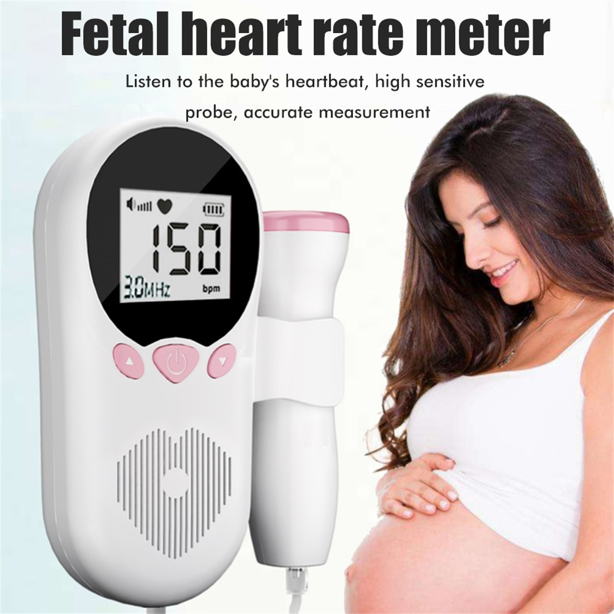 Schwangere Frau mit einem fetalen Herzfrequenzmesser. Das Gerät zeigt 150 bpm an. Text: Fetaler Herzfrequenzmesser.