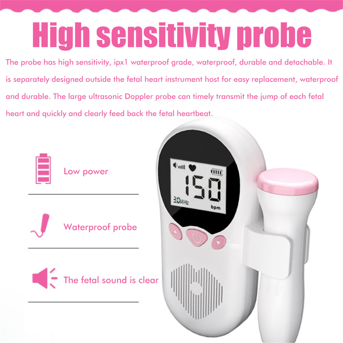 Ein Hand-Fetal-Doppler-Gerät mit rosa Sonde. Text beschreibt seine Funktionen.