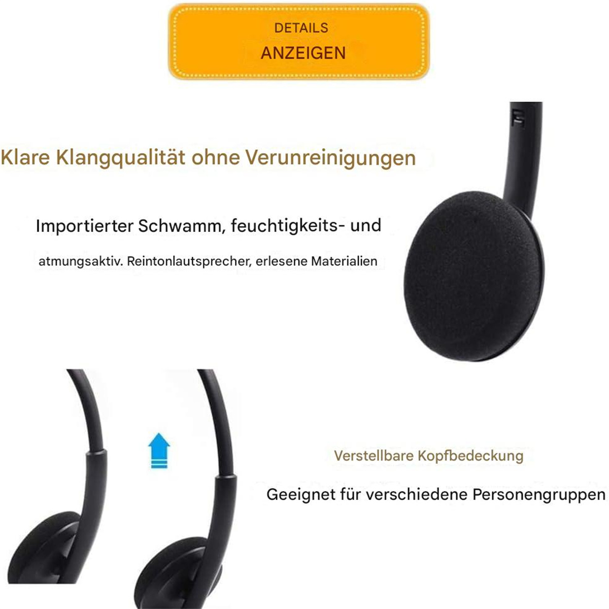 Kopfhörer mit Text über klare Klangqualität und Komfort.
