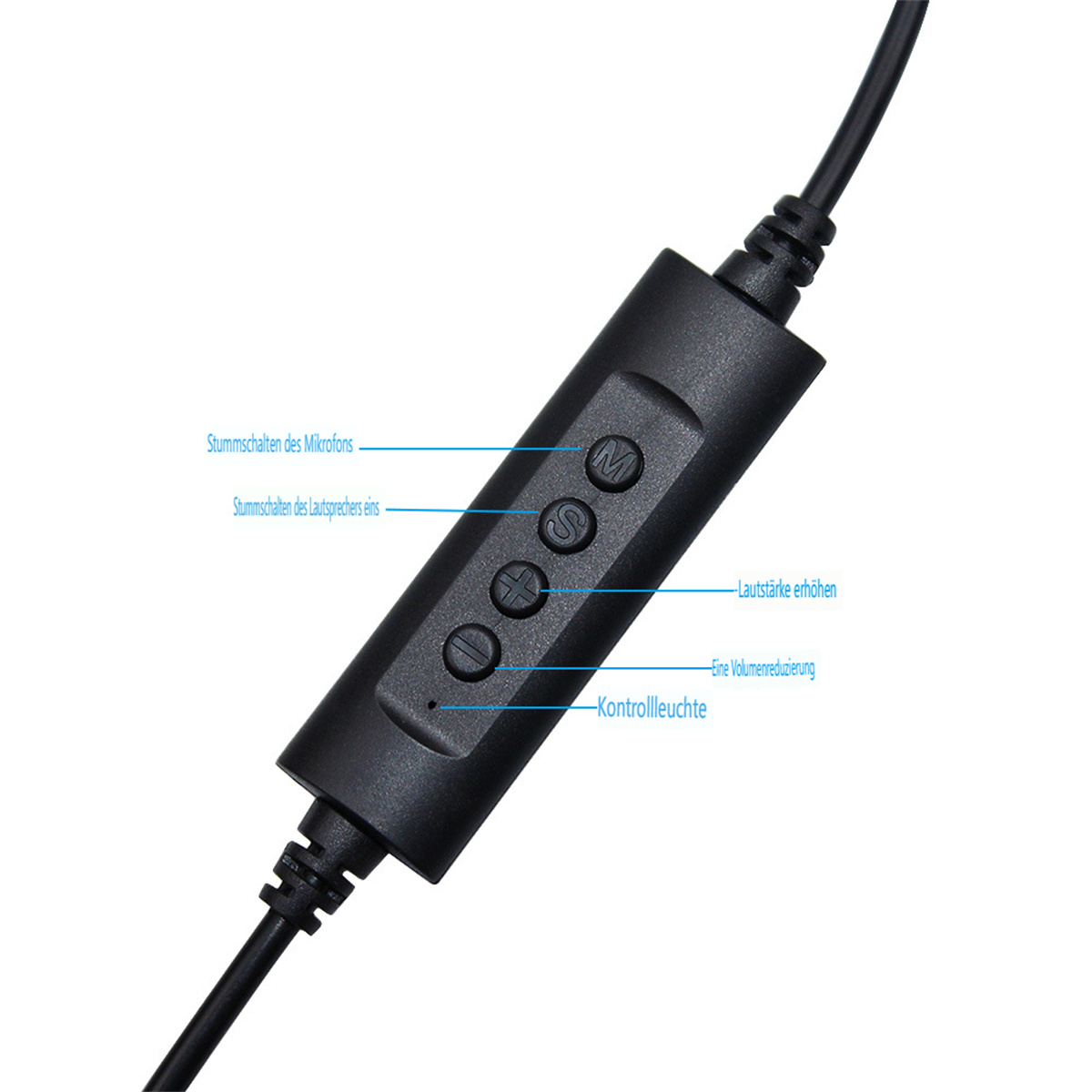 Ein schwarzer Audioregler mit Tasten für Lautstärke- und Mikrofonsteuerung.