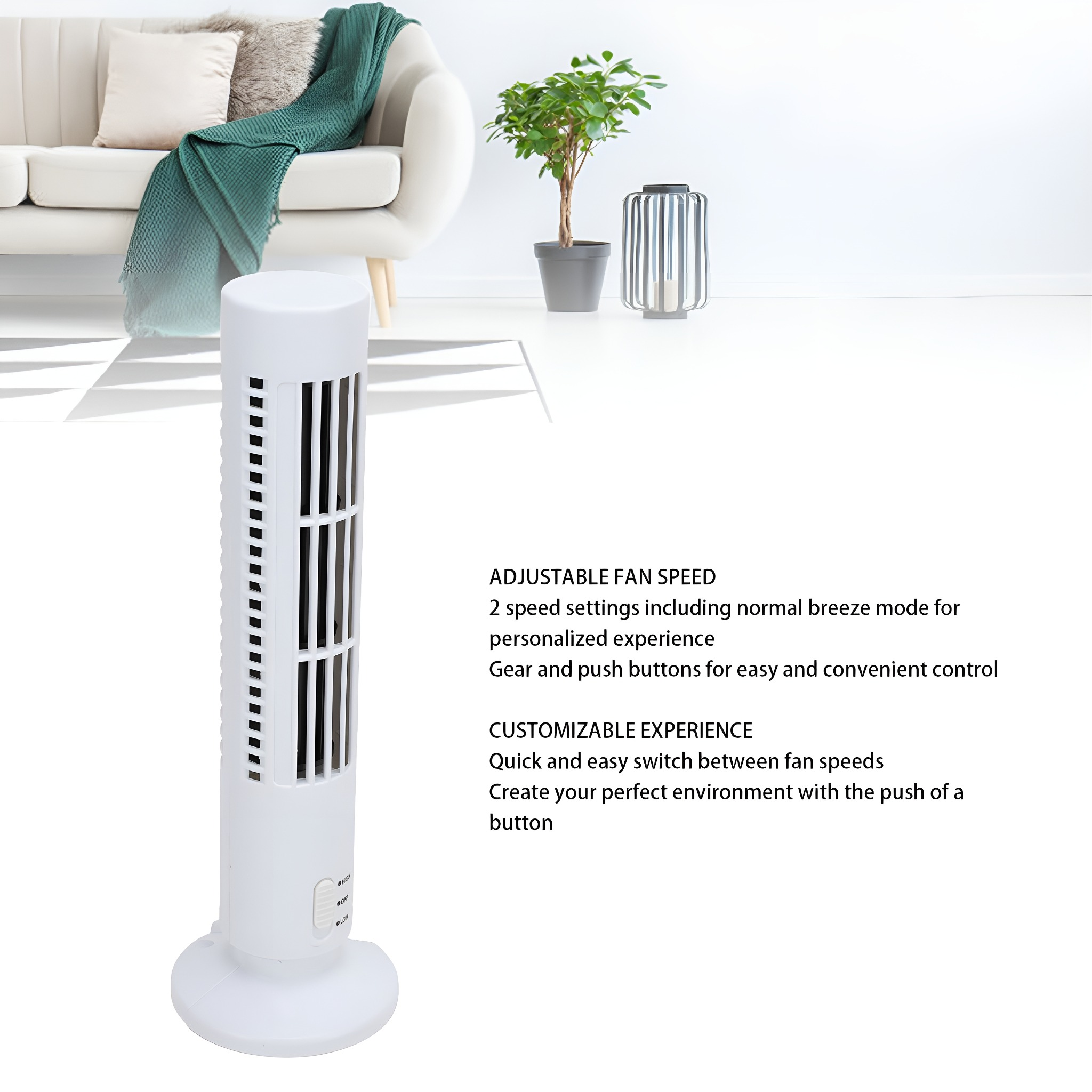 Ein weißer Turmventilator mit Text, der seine Geschwindigkeitseinstellungen und das anpassbare Erlebnis beschreibt.
