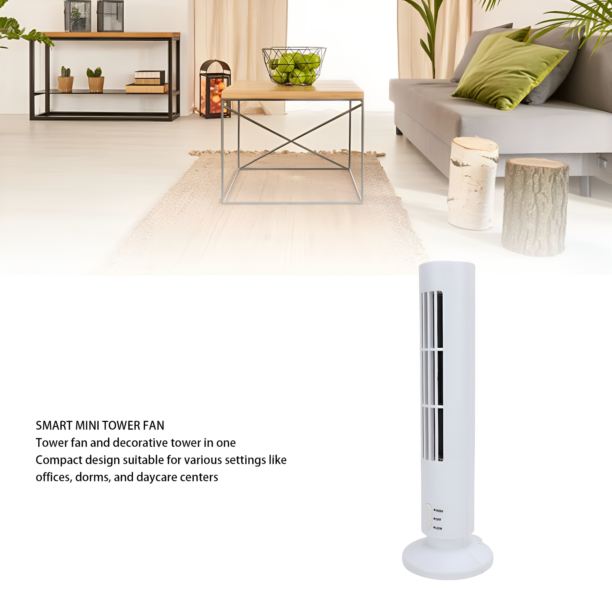 Weißer Turmventilator auf weißer Oberfläche. Hintergrund: Wohnzimmer mit Sofa und Tisch.
