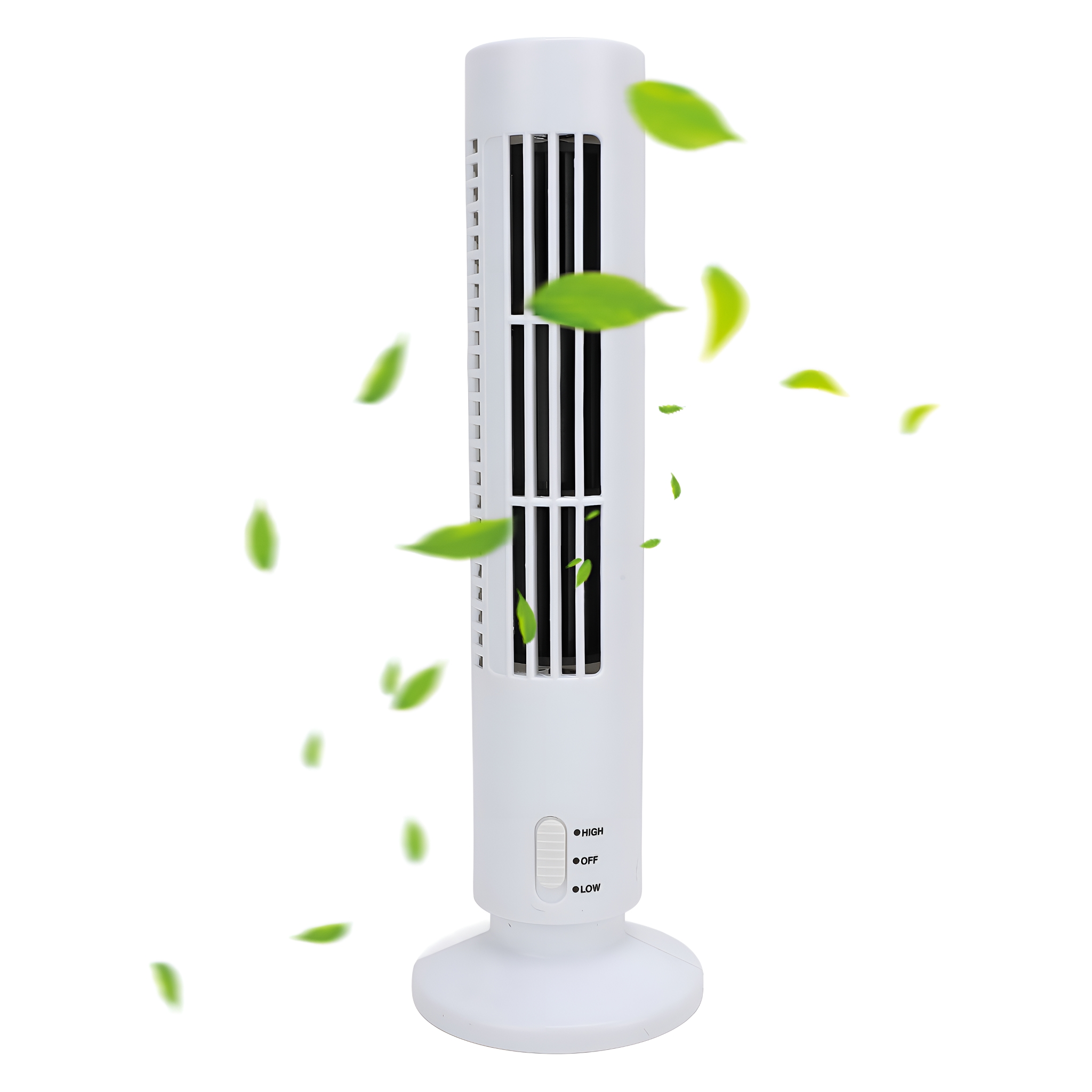 Ein weißer Turmventilator mit schwarzen Lüftungsschlitzen und grünen Blättern, die darum schweben.