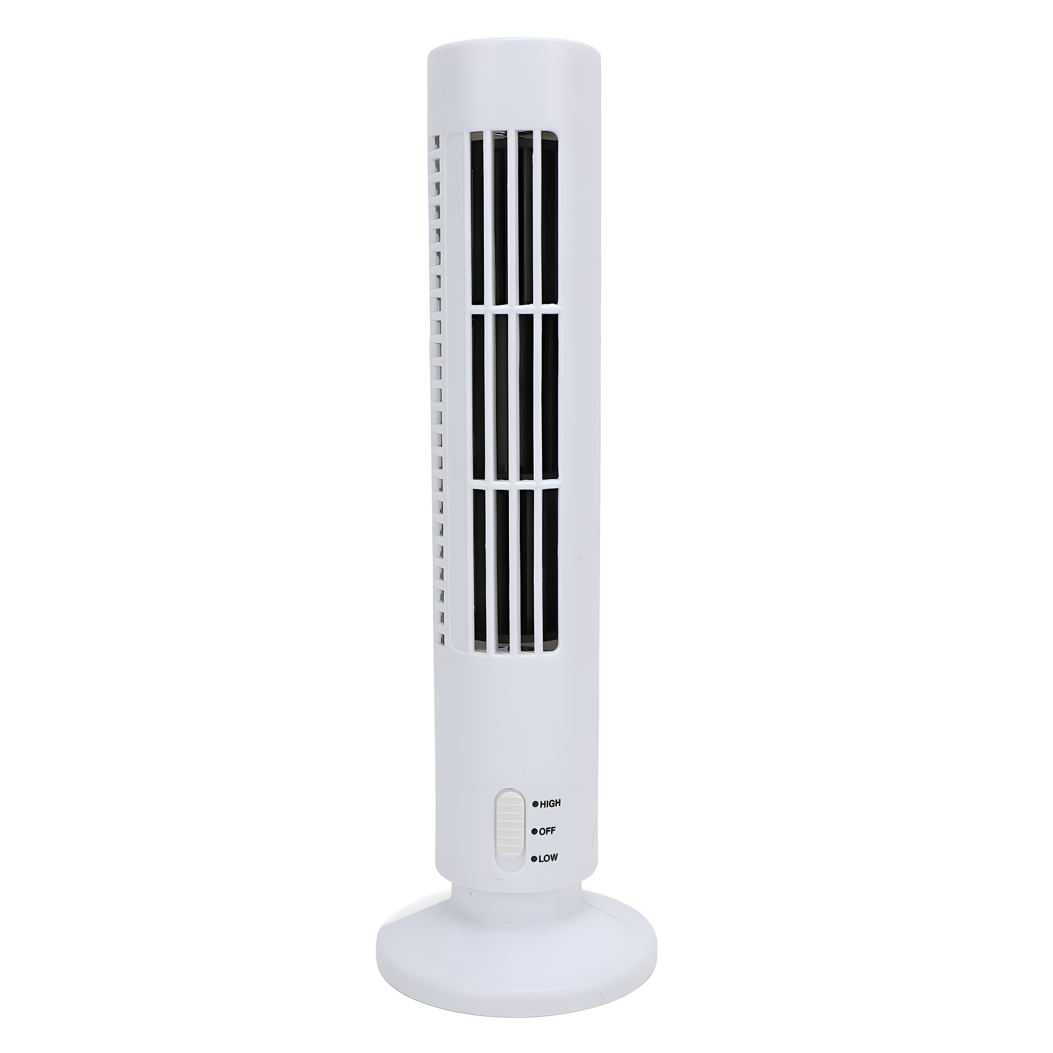 Weißer Turmventilator mit schwarzem Grill und Geschwindigkeitseinstellungen. Er steht auf weißem Untergrund.