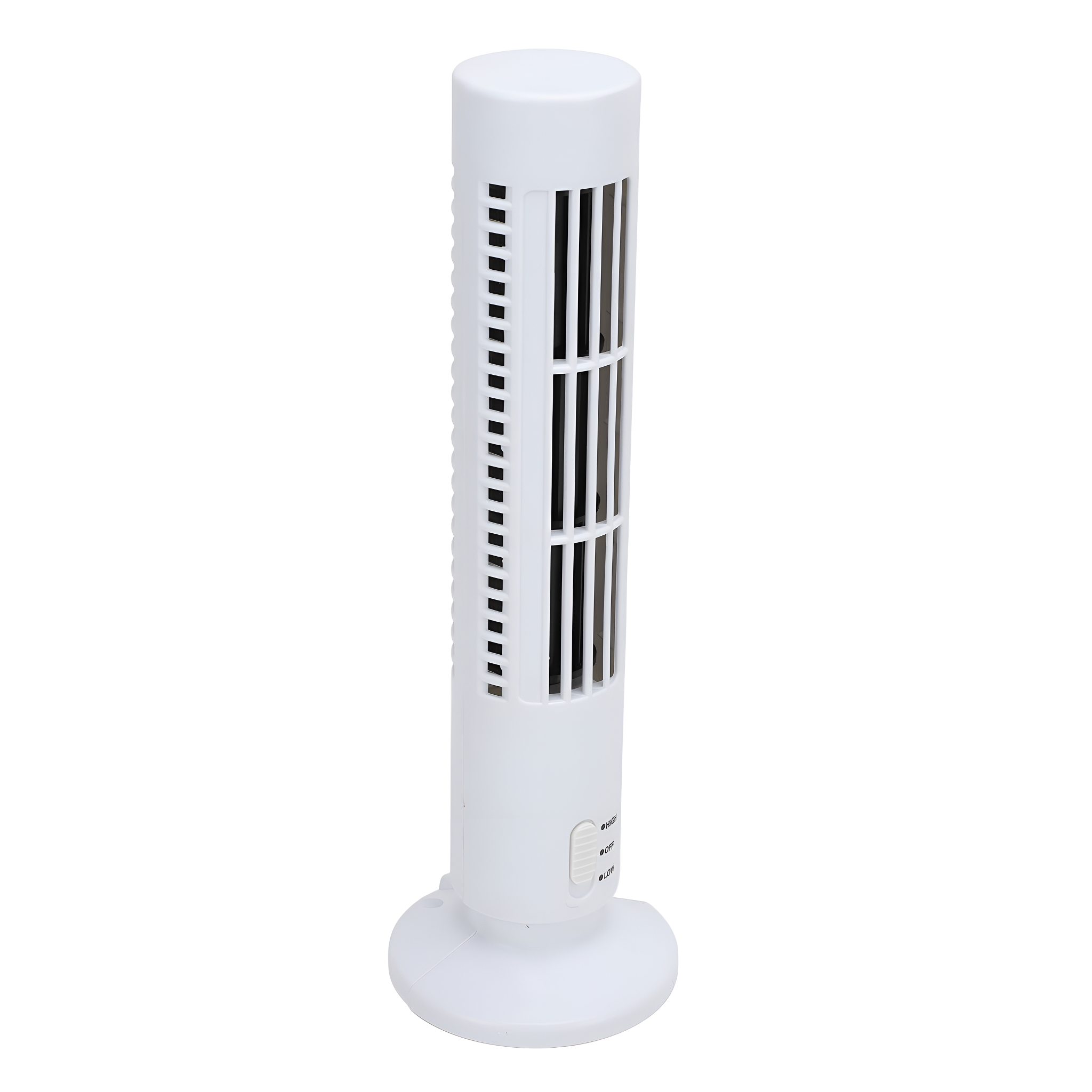 Ein weißer zylindrischer Ventilator mit vertikalen Lüftungsschlitzen und drei Geschwindigkeitseinstellungen.