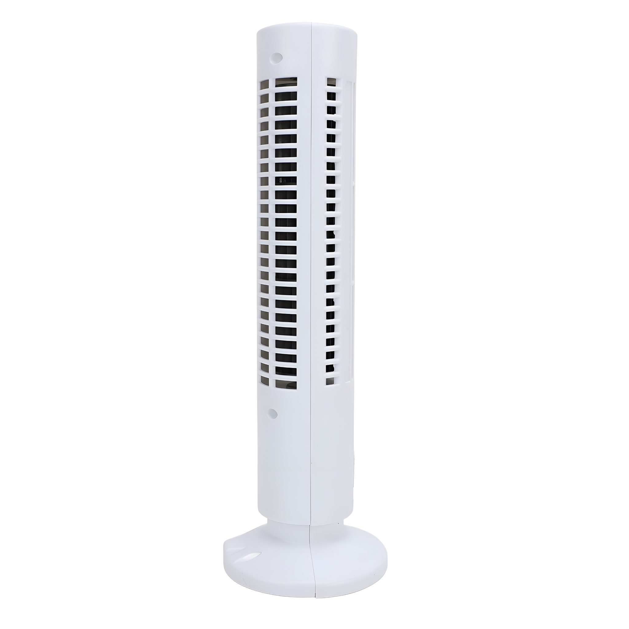 Ein hoher, weißer Turmventilator auf einem weißen Sockel. Der Ventilator hat vertikale Schlitze.