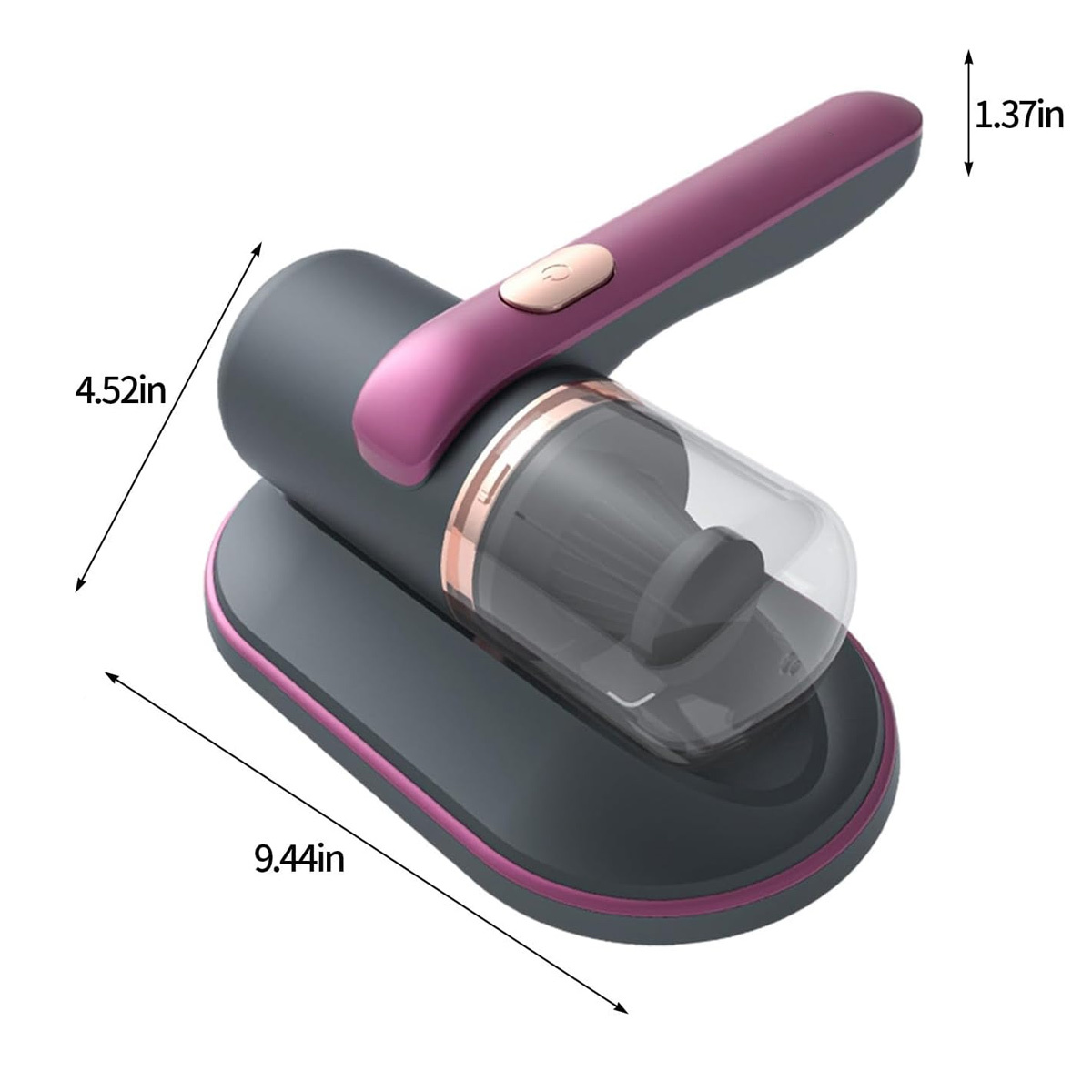 Ein grau-rosa Handstaubsauger mit angezeigten Abmessungen. Es hat einen transparenten Staubbehälter und eine Ladestation.