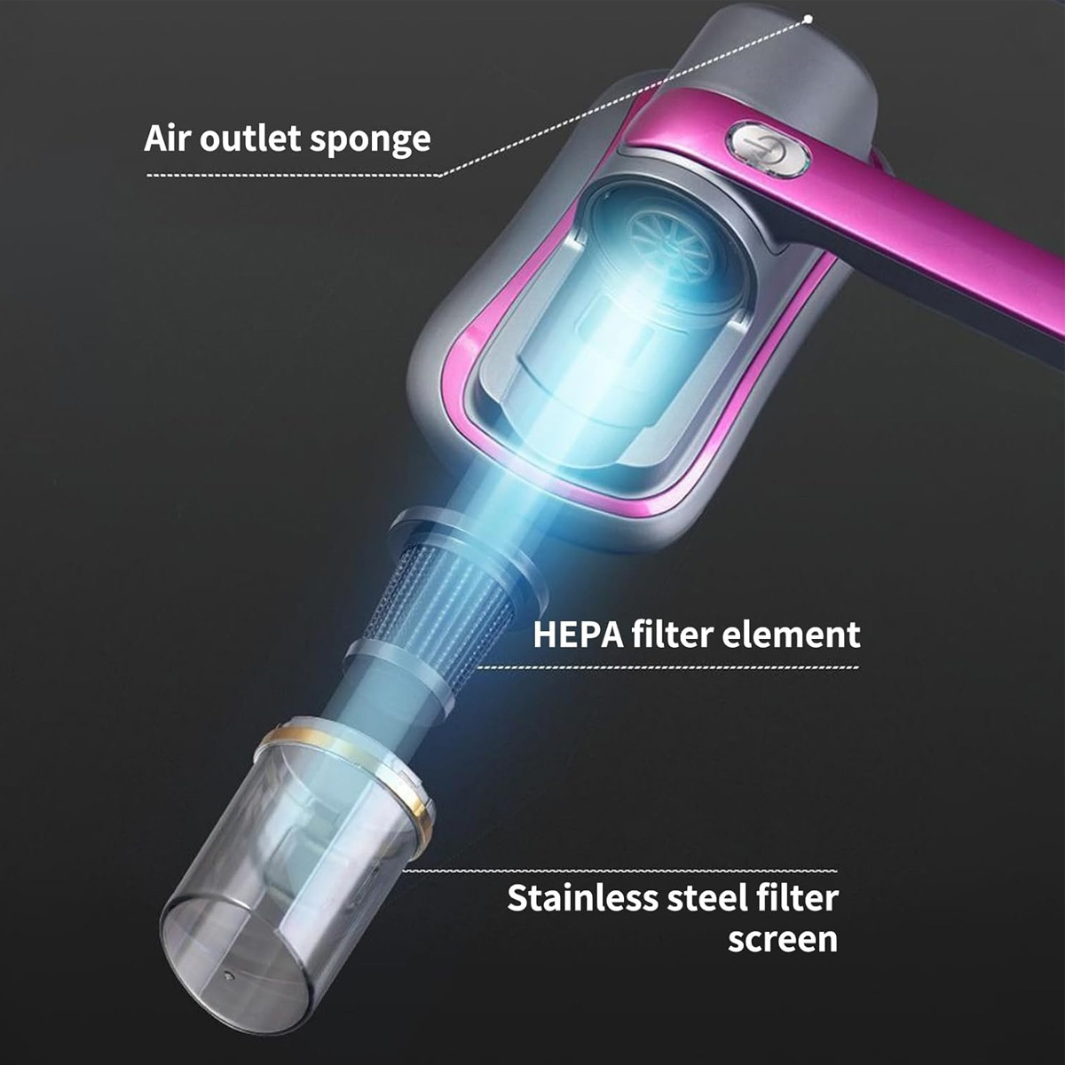 Ein Staubsauger mit HEPA-Filter, Edelstahlsieb und rosa Akzenten.
