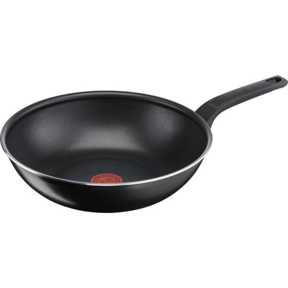 Wok noir avec manche noir. Bord argenté et un point rouge au centre.