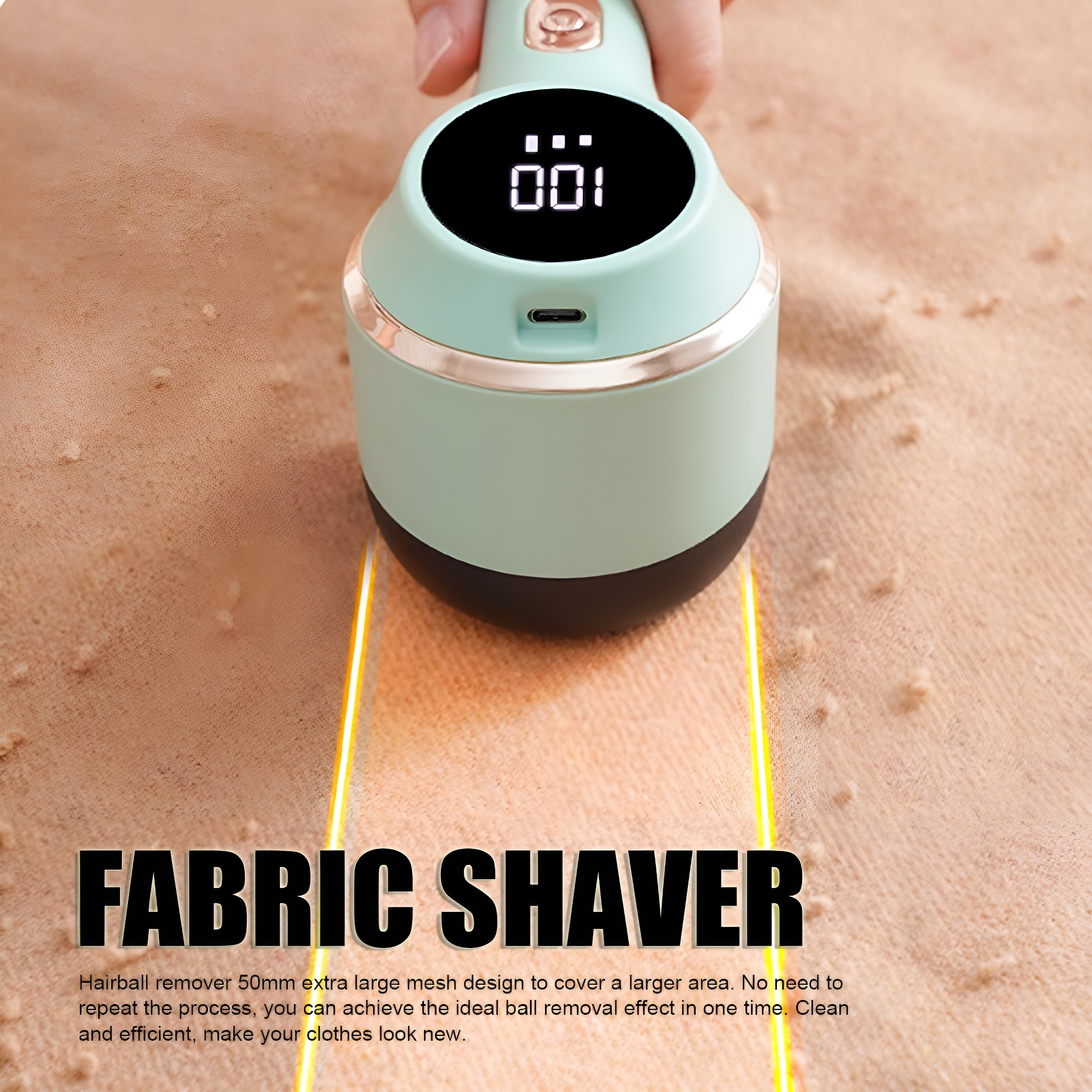 Ein Stoffrasierer in Mintgrün und Schwarz entfernt Fusseln. Der Text "FABRIC SHAVER" steht unten.