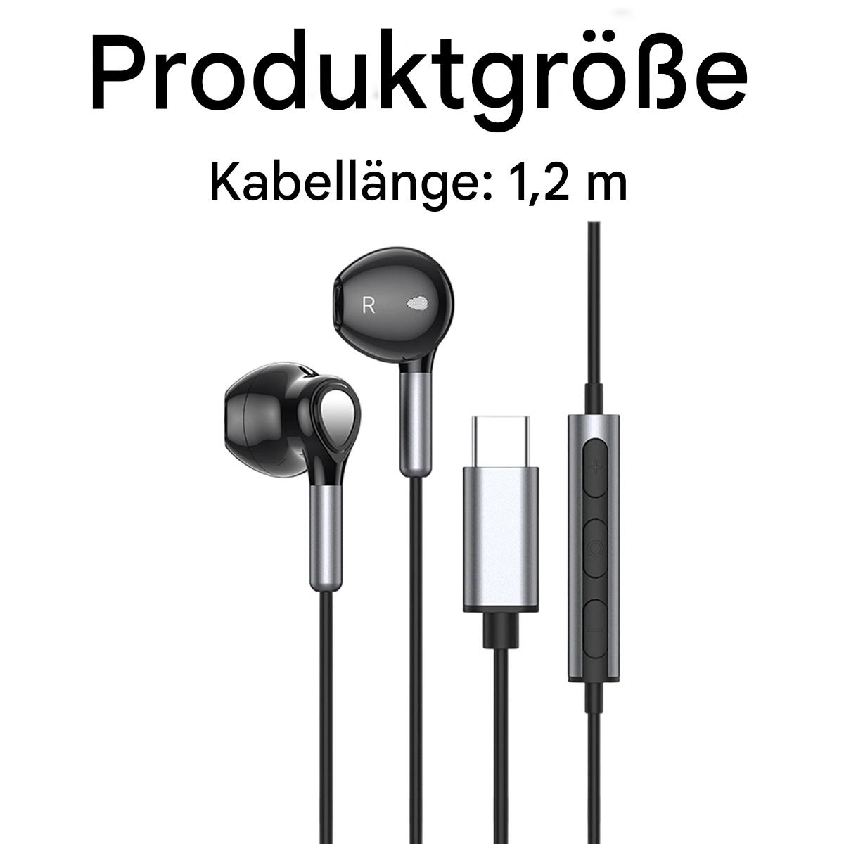 Schwarz-silberne kabelgebundene Ohrhörer und ein silberner USB-C-Anschluss. Das Kabel ist schwarz.