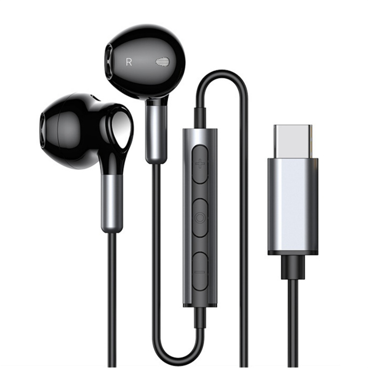 Schwarze Ohrhörer mit Steuermodul und USB-C-Anschluss, auf weißem Hintergrund.