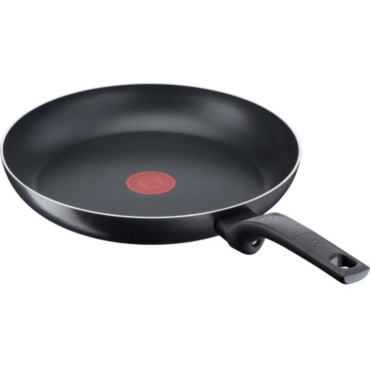 Poêle noire avec manche noir et cercle rouge au centre, sur fond blanc.