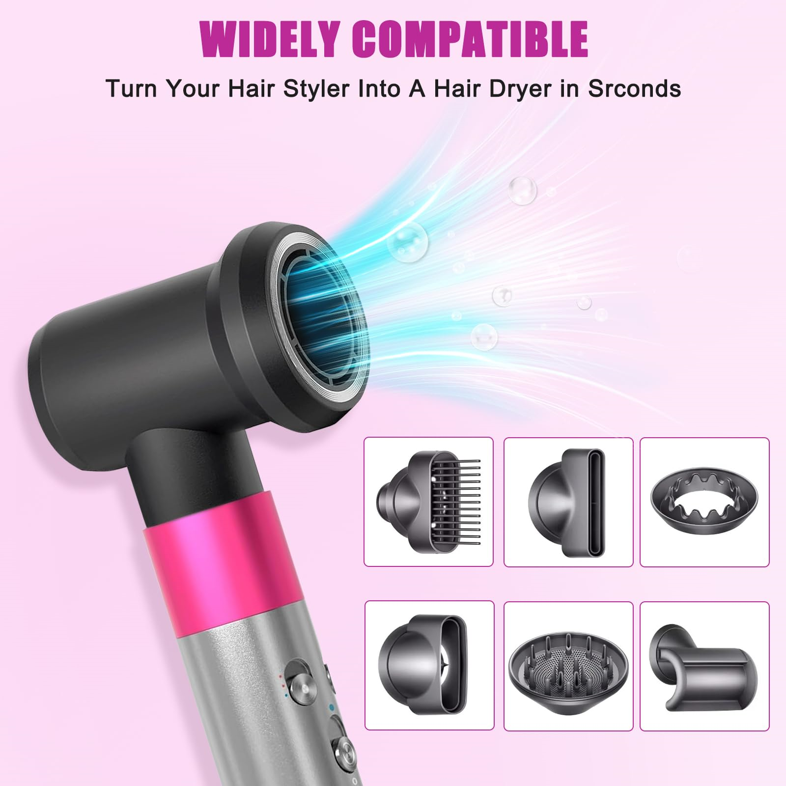 Ein Haarstyler mit mehreren Aufsätzen. Text lautet: 'Weitgehend kompatibel'. Der Styler ist rosa und silber.