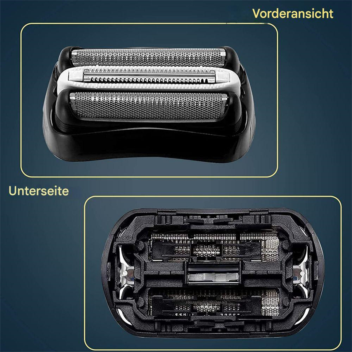 Zwei Ansichten eines Rasiererkopfes: vorne mit Klingen und unten mit Innenteilen.