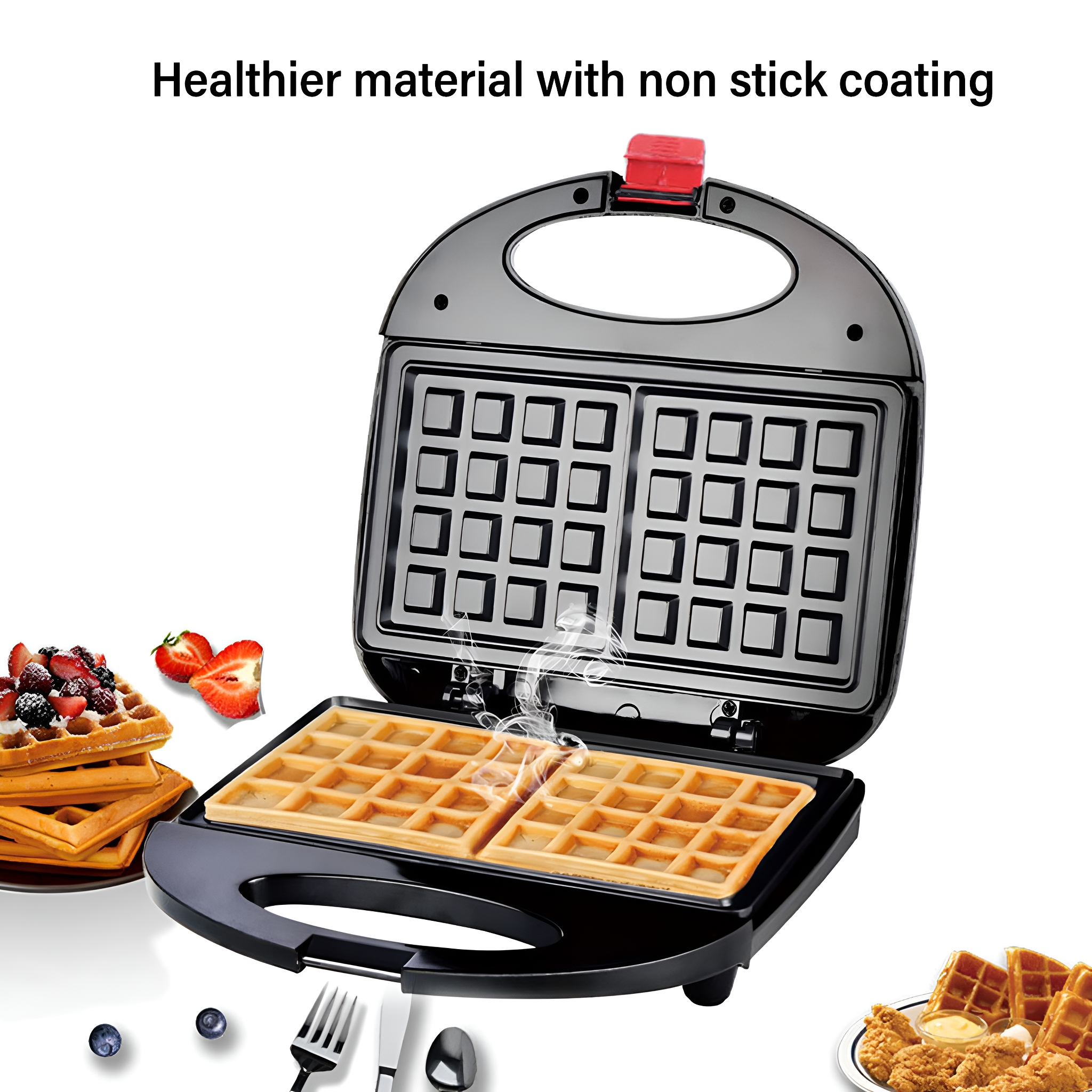 Waffeleisen mit Waffeln und Obst. Küchenutensilien und Zutaten im Bild.