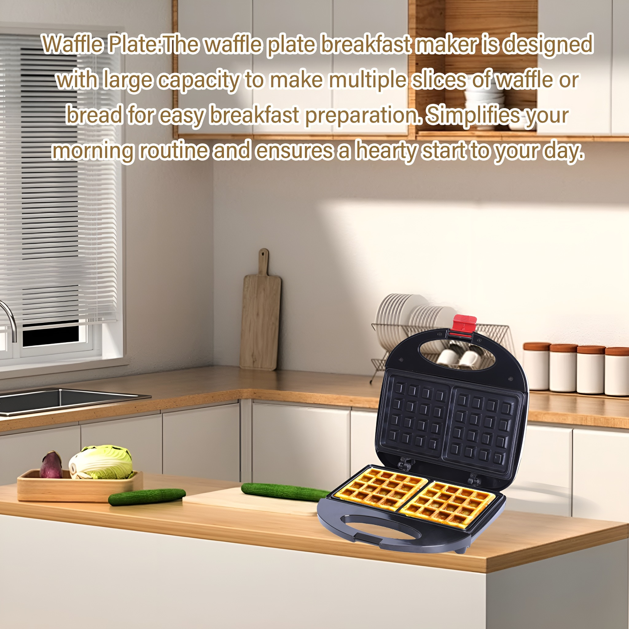 Ein Waffeleisen mit Waffeln darin, auf einer hölzernen Arbeitsplatte in einer Küchenumgebung.