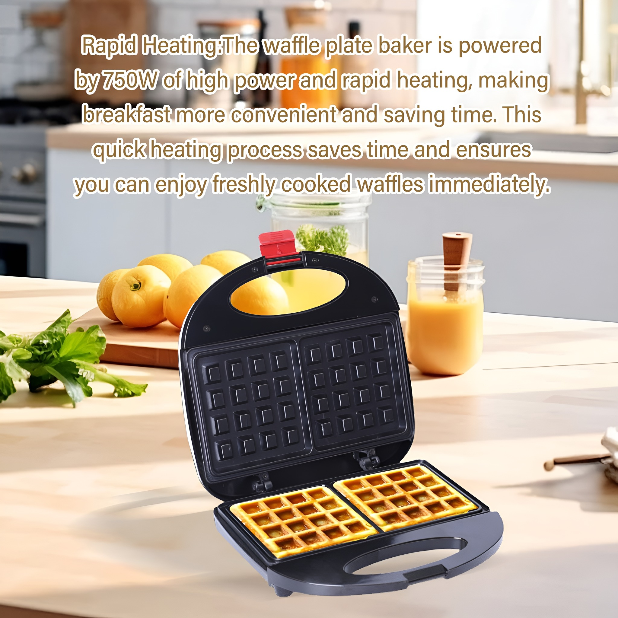 Waffeleisen mit Waffeln, auf einem Holztisch. Text-Overlay. Küchenhintergrund.