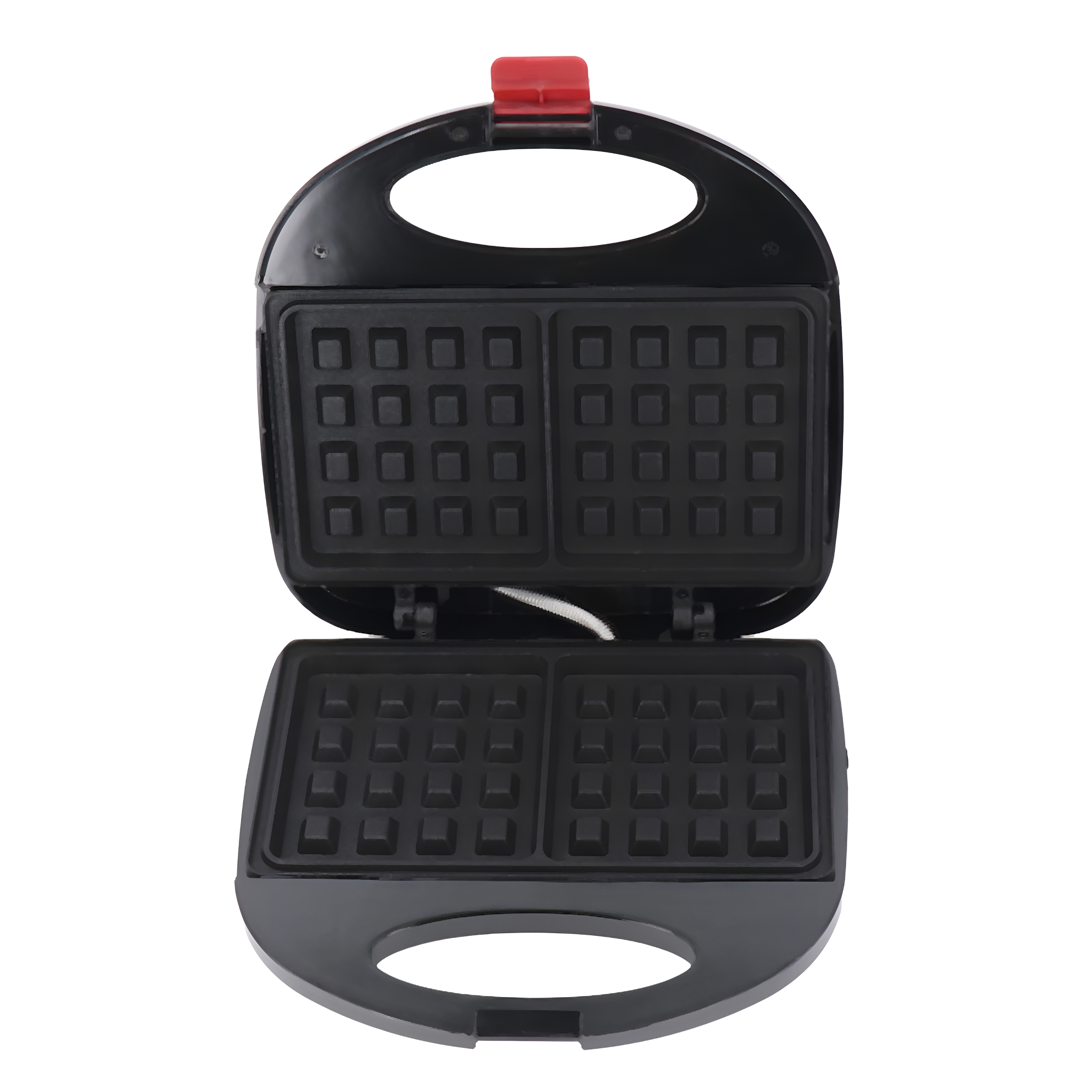 Schwarzer Waffeleisen, offen. Zwei Waffelformen sichtbar. Roter Griff oben. Weißer Hintergrund.