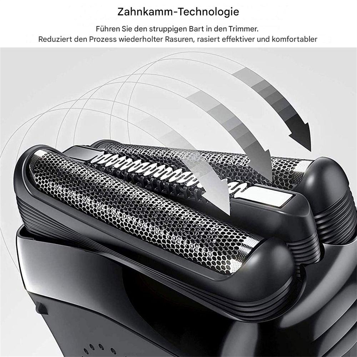 Nahaufnahme eines schwarzen Elektrorasierers. Der Rasiererkopf hat mehrere Klingen.