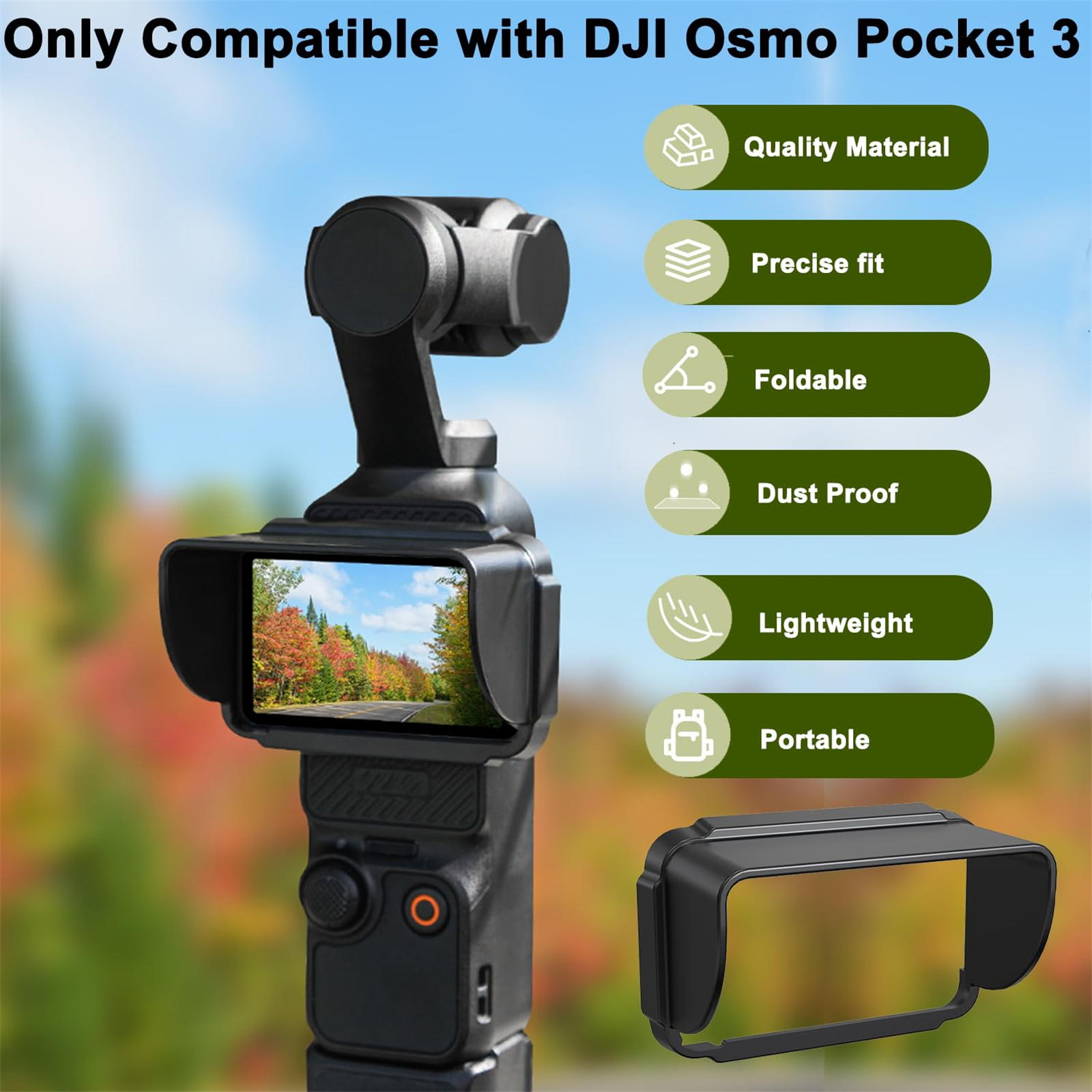 Ein schwarzes Gerät mit Bildschirm wird gezeigt. Text zeigt, nur für DJI Osmo Pocket 3.