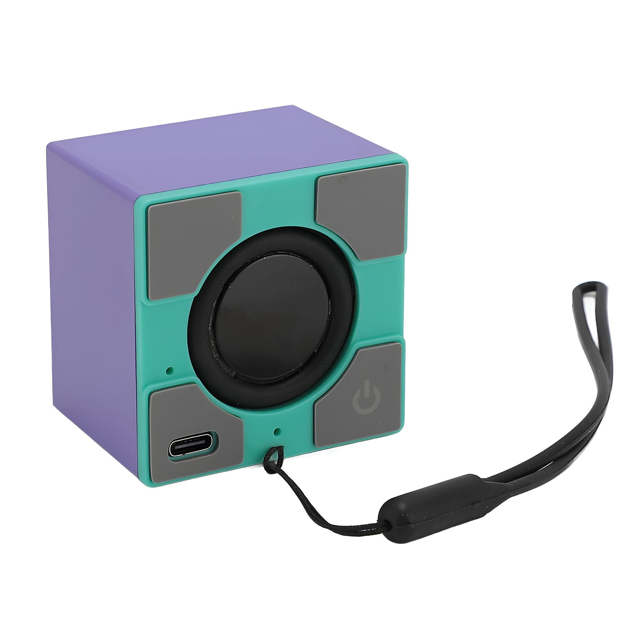 Ein kleiner Würfel-Lautsprecher mit schwarzem Riemen. Der Würfel ist lila, türkis und grau. Er hat einen Power-Knopf.