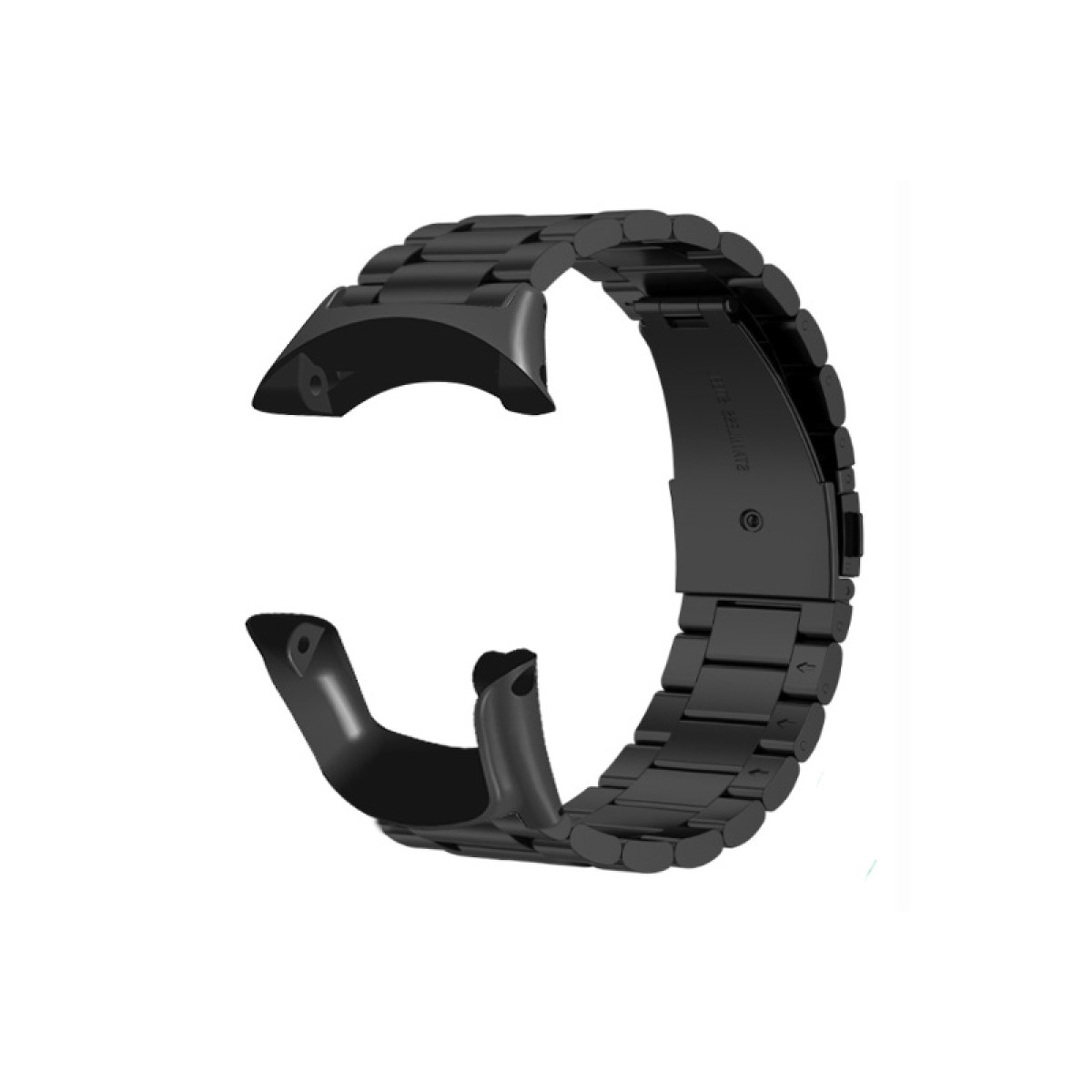 Schwarzes Uhrenarmband. Metallische Glieder. Gewölbtes Design. Isoliert auf weißem Hintergrund.