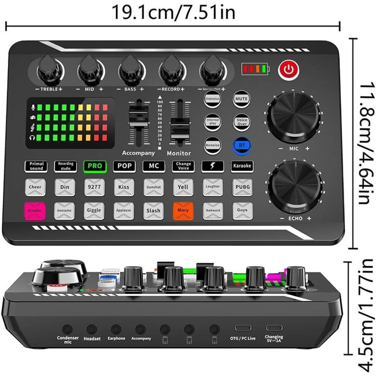 Ein schwarzer Audiomixer mit vielen Knöpfen, Tasten und einer Digitalanzeige mit Messwerten.