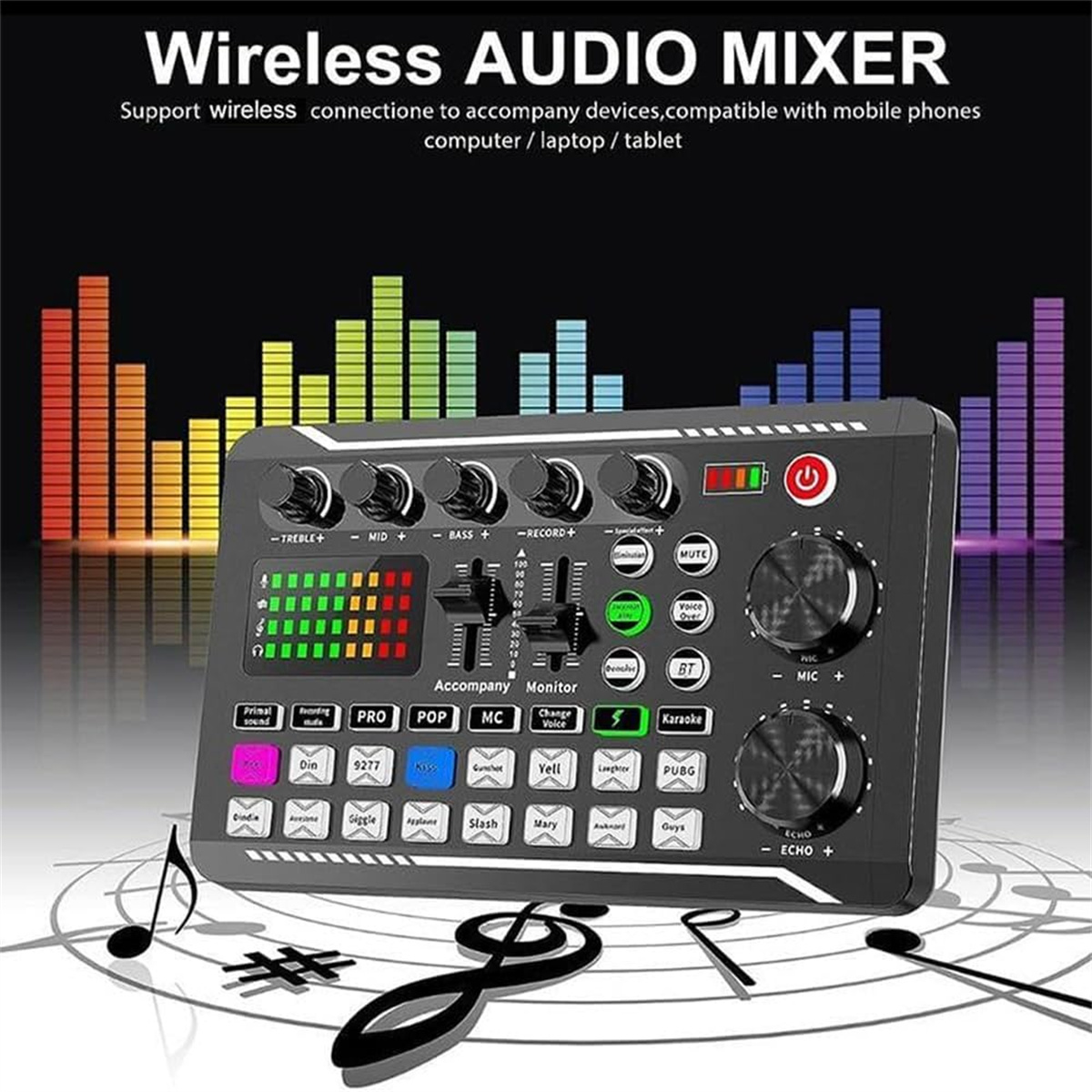 Ein drahtloser Audiomixer mit verschiedenen Knöpfen, Tasten und einem farbenfrohen EQ-Display.