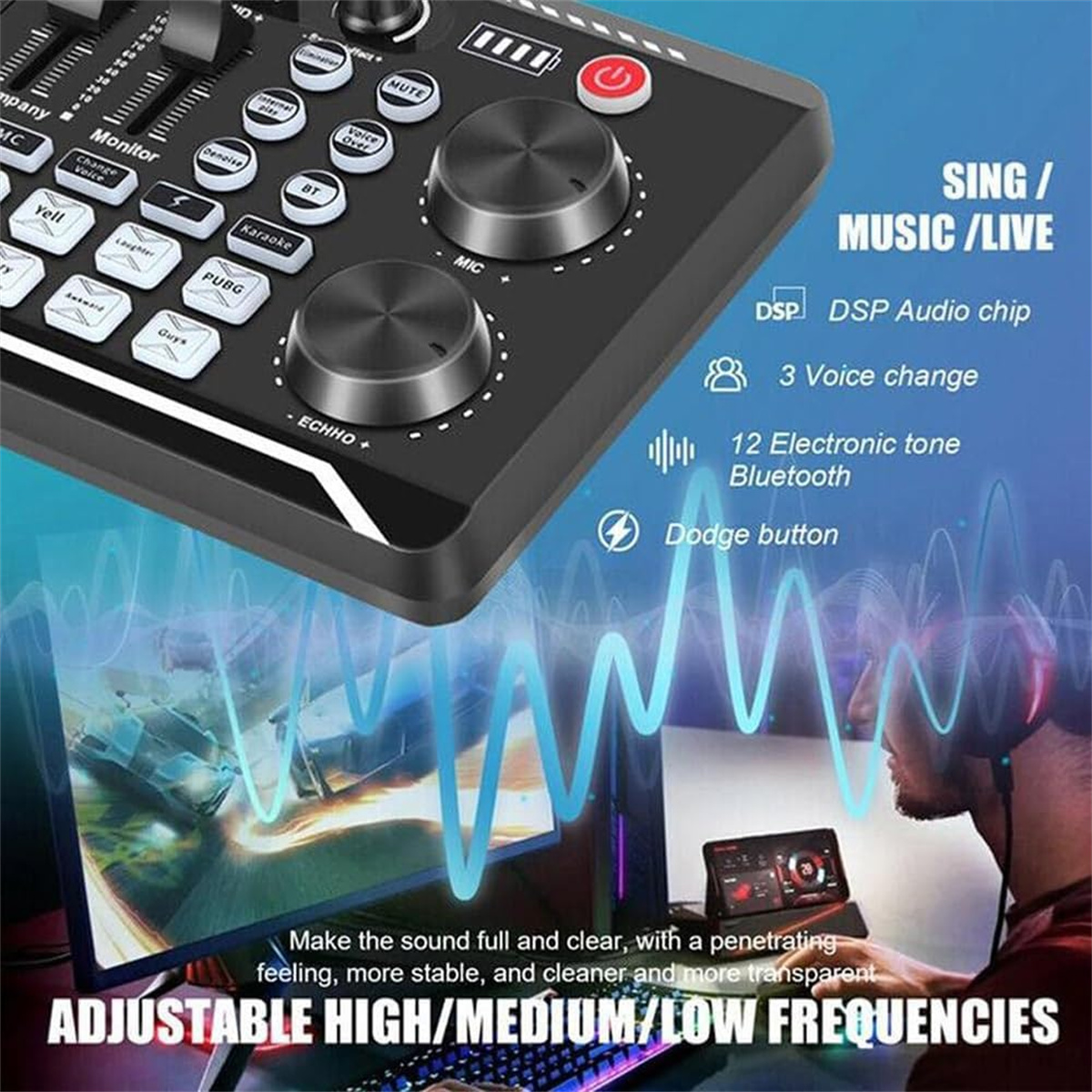 Schwarzer Audiomixer mit Knöpfen und Tasten. Zu den Merkmalen gehören DSP, Bluetooth und Stimmwechsel, mit einer Person, die Kopfhörer trägt.