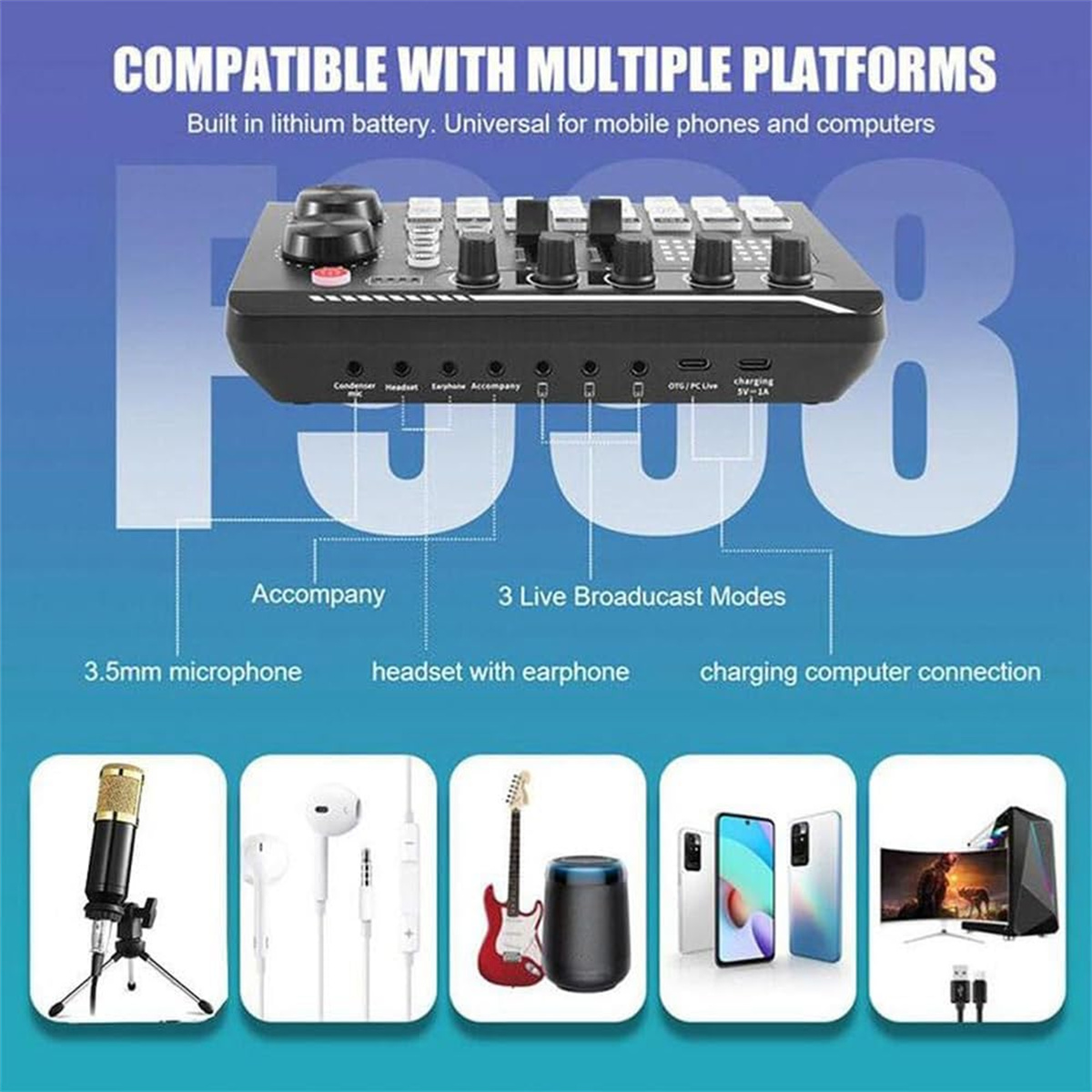 Schwarzes Audio-Interface mit verschiedenen Ein- und Ausgängen, Zubehör wie Mikrofon.