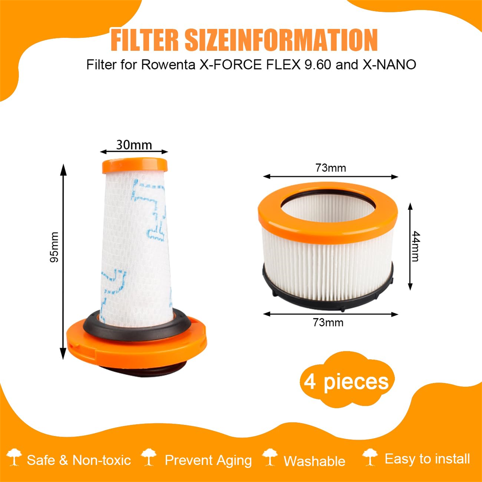 Filterset für einen Staubsauger. Zwei Filter mit Maßen und dem Wort '4 Stück' angezeigt.