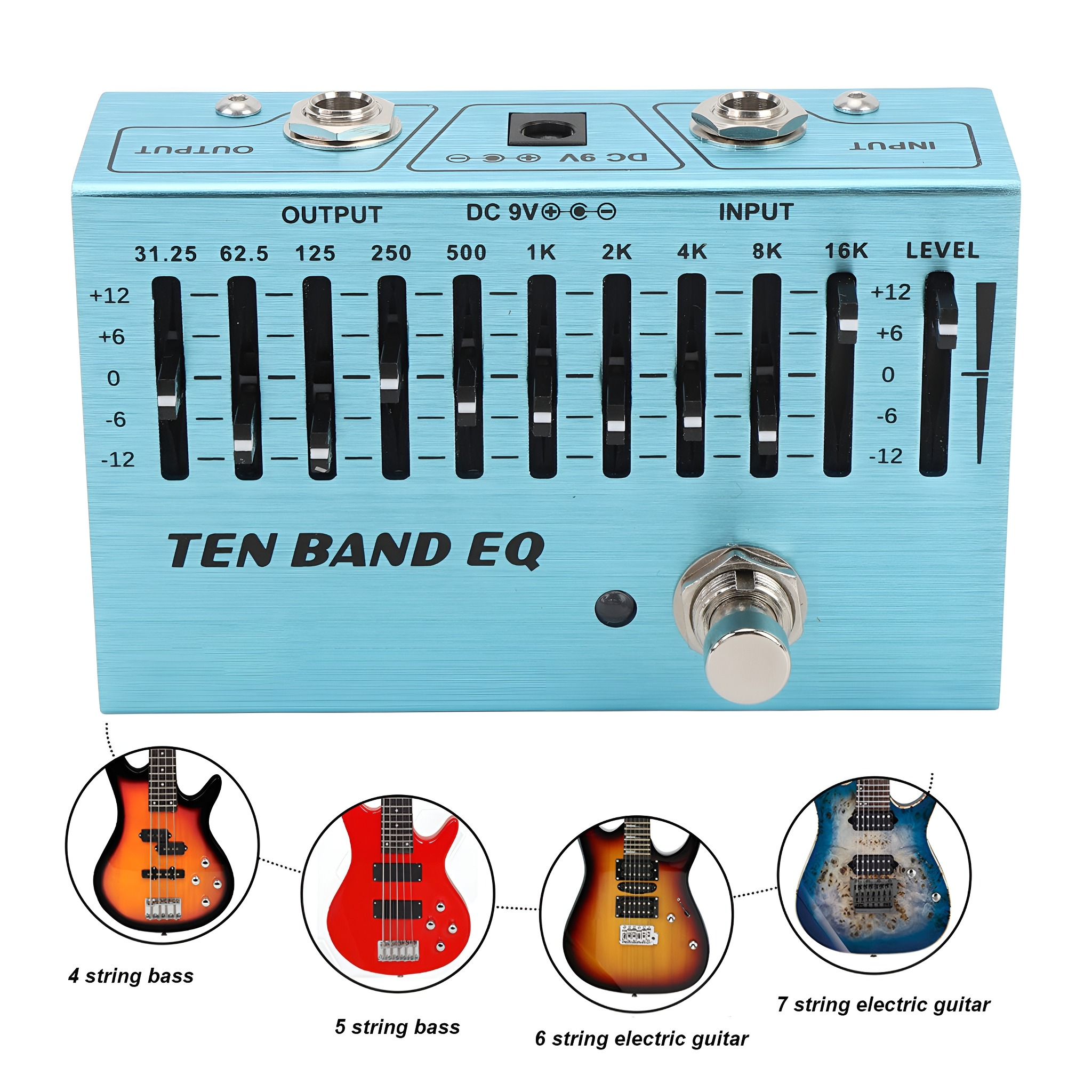 Ten Band EQ. Hat Schieberegler, Ein- und Ausgangsbuchsen sowie Abbildungen verschiedener Gitarren darunter.