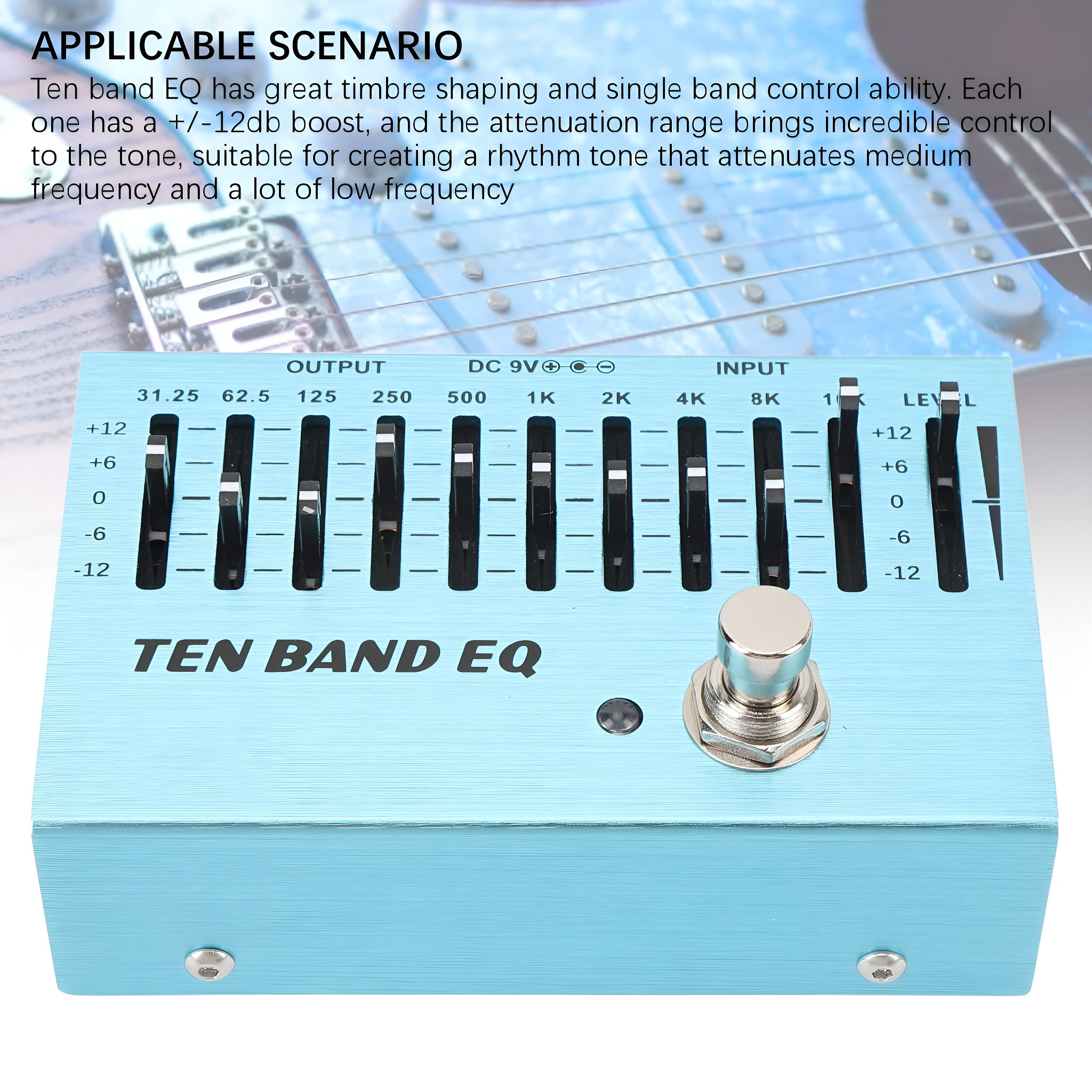 Blauer 10-Band-EQ mit Schiebereglern und Knöpfen. Text: 'TEN BAND EQ'.
