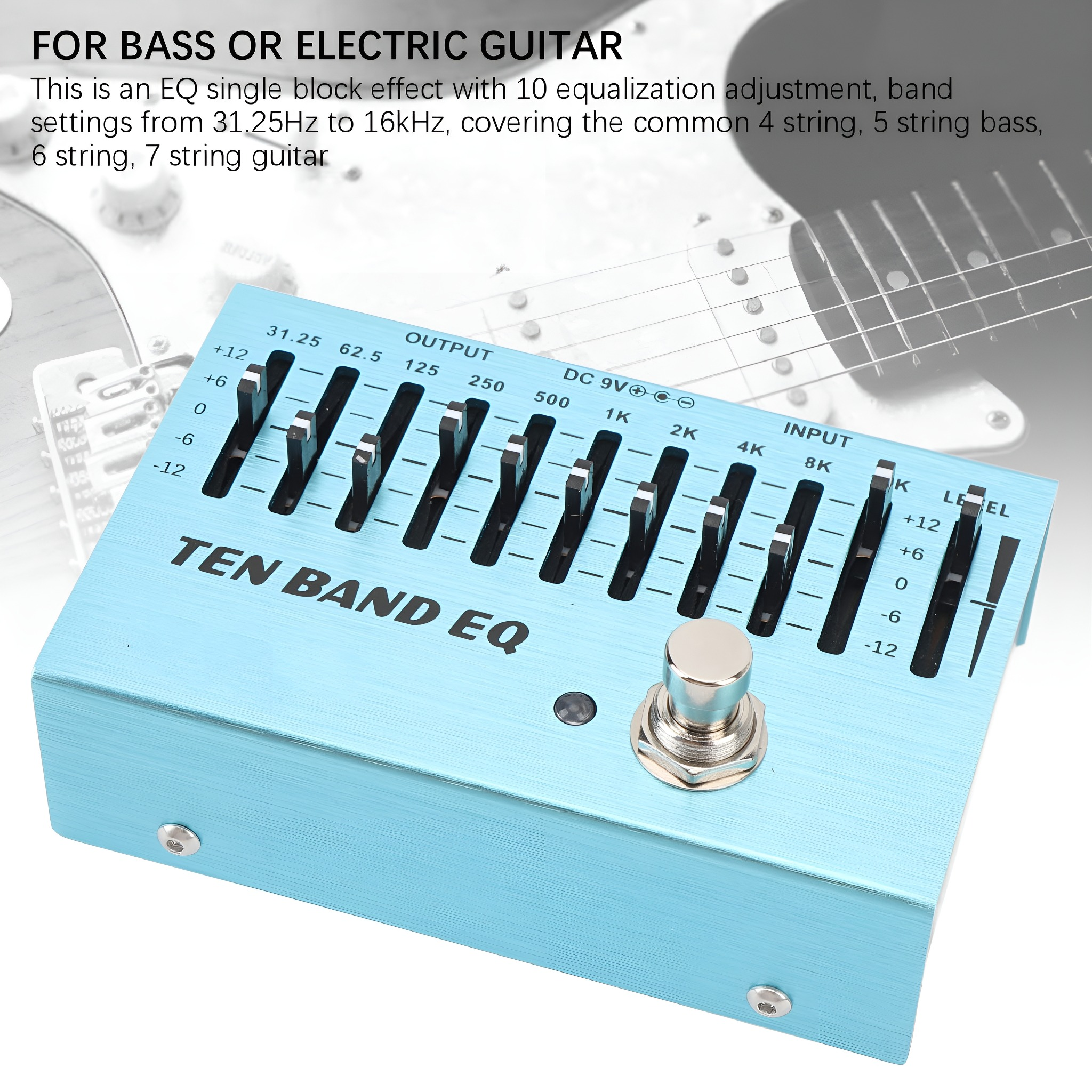 Ein blaues EQ-Pedal mit zehn Schiebereglern, einem Knopf und dem Text: TEN BAND EQ.